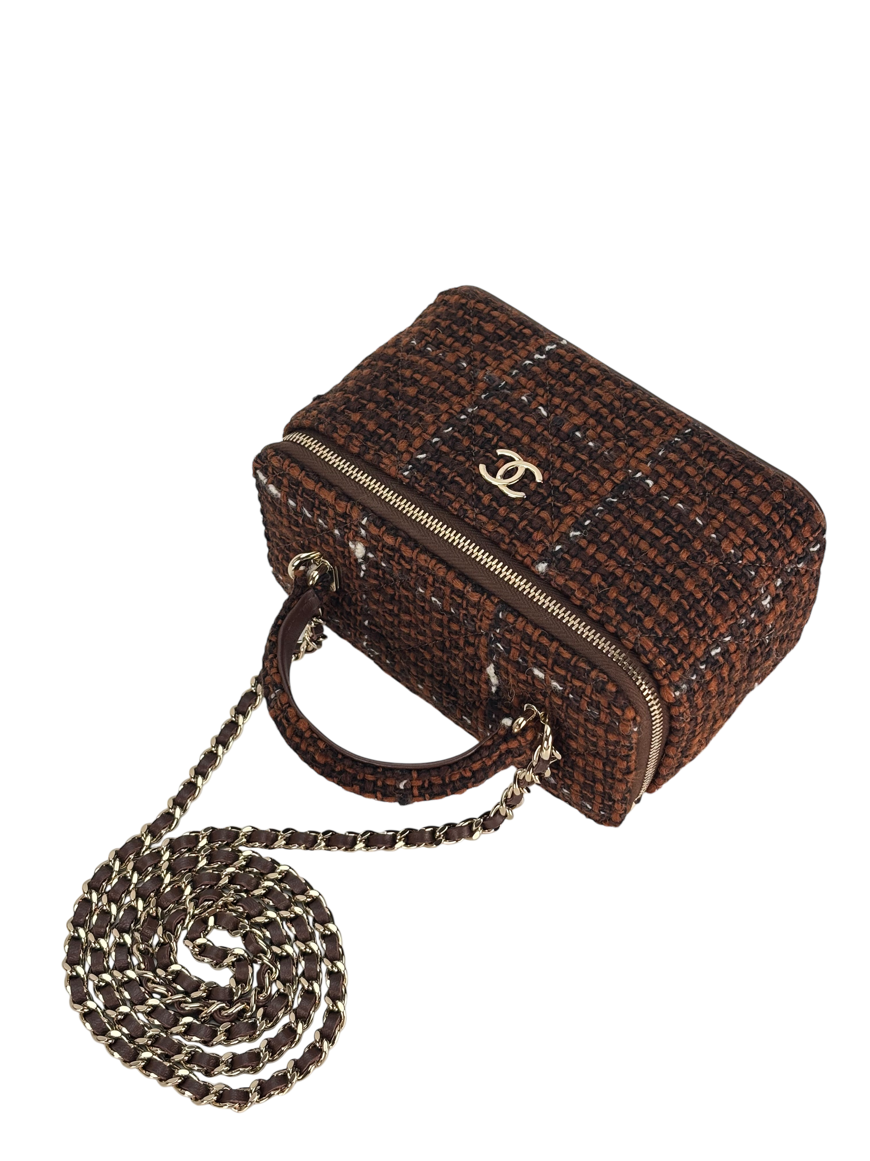 CHANEL - Brown Tweed Top Handle Vanity Case Chain Bag – Camellia
