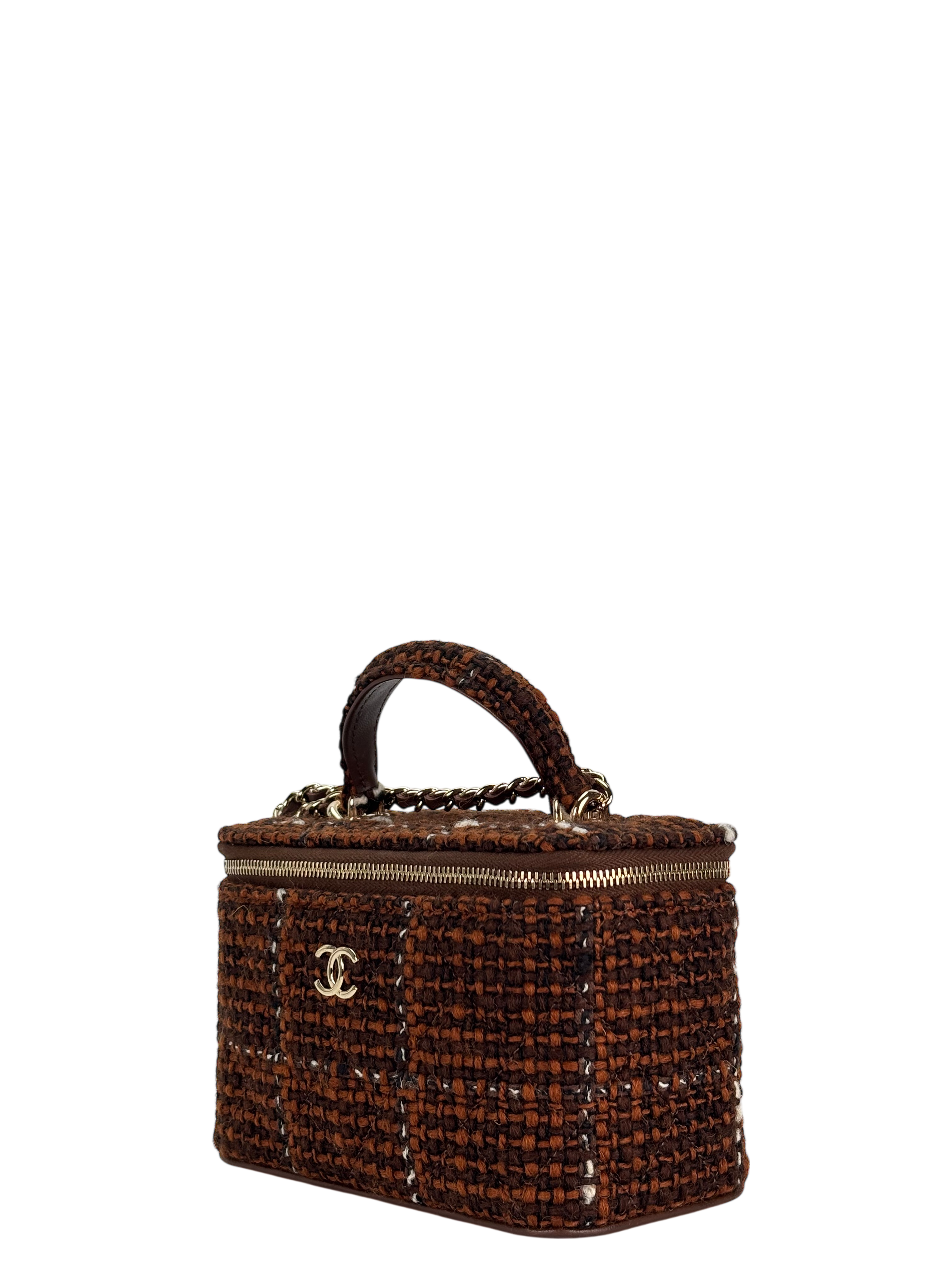 CHANEL - Brown Tweed Top Handle Vanity Case Chain Bag – Camellia