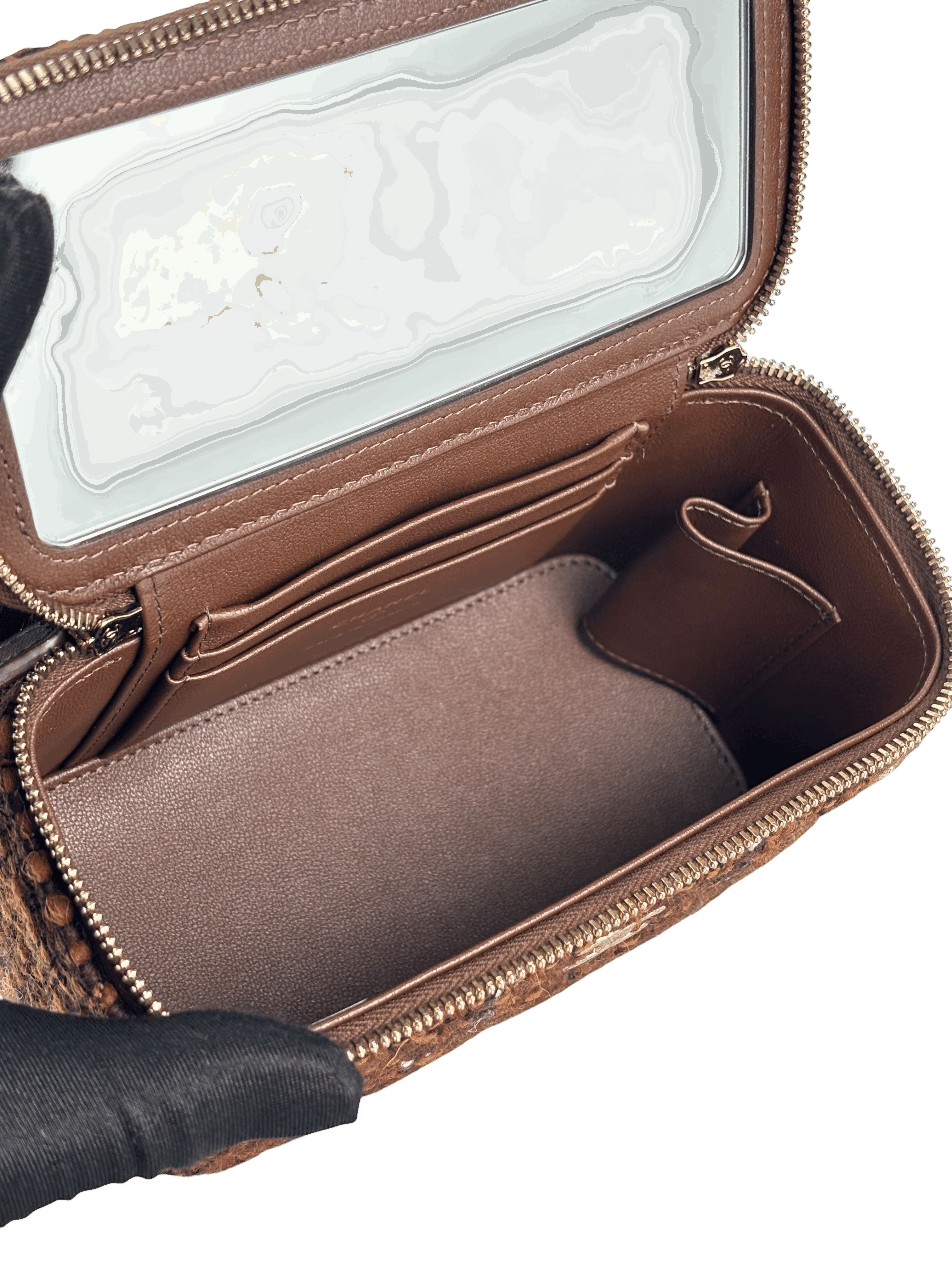 CHANEL - Brown Tweed Top Handle Vanity Case Chain Bag – Camellia