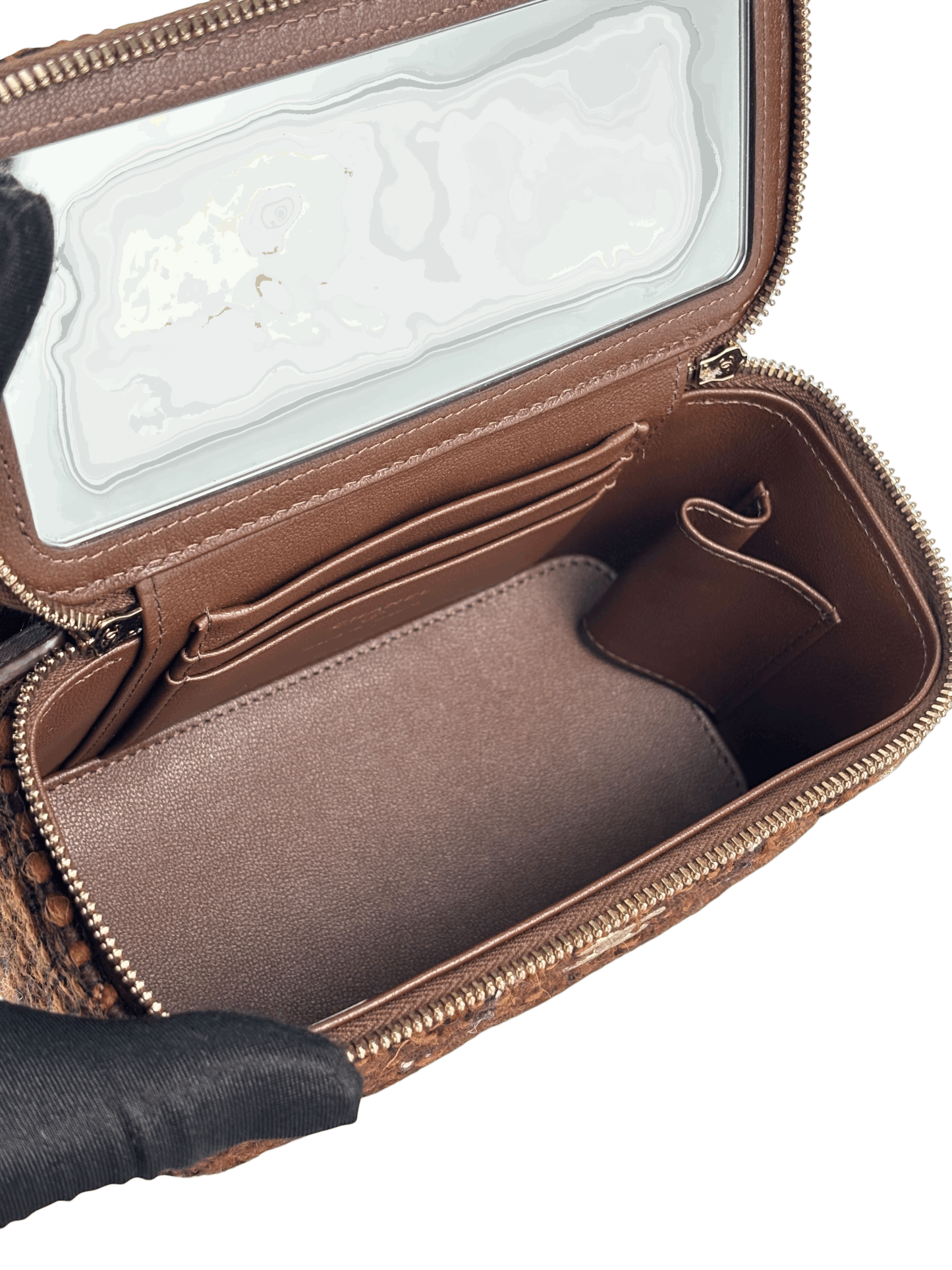 CHANEL - Small Top Handle Vanity Case With Chain Tweed Brown 