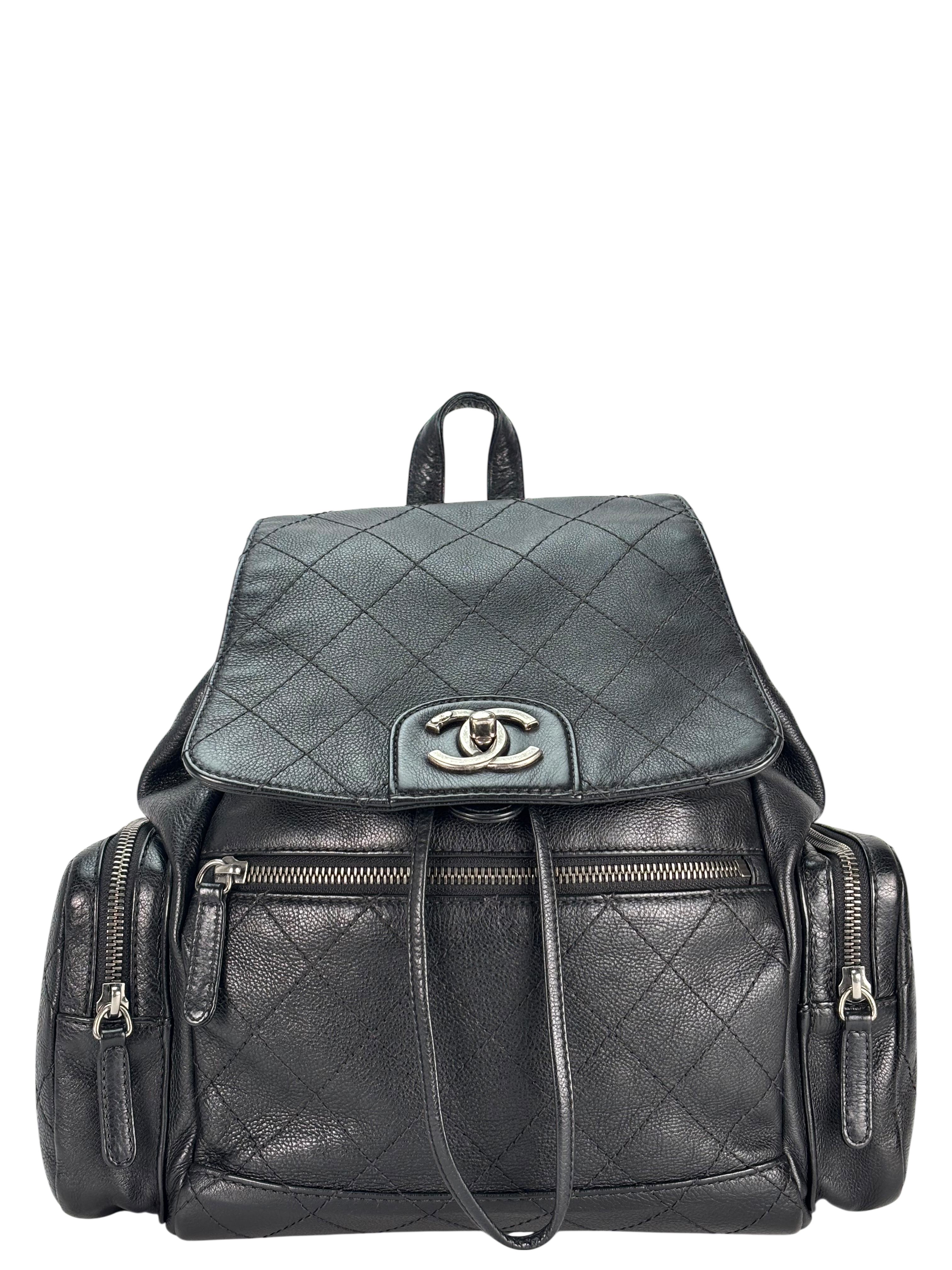 CHANEL - Black Calfskin Grained Stitched Pocket Backpack 