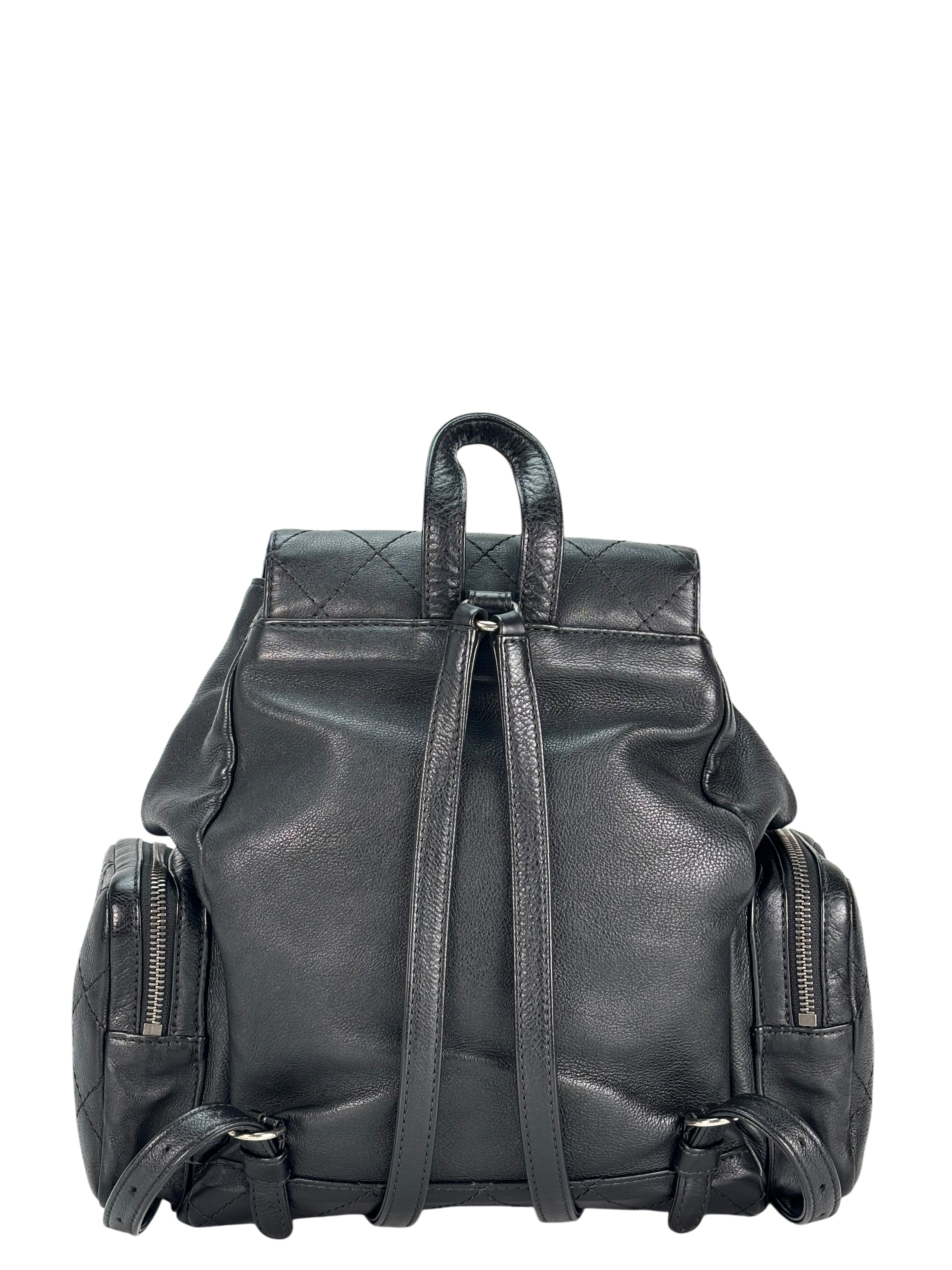 CHANEL - Black Calfskin Grained Stitched Pocket Backpack 