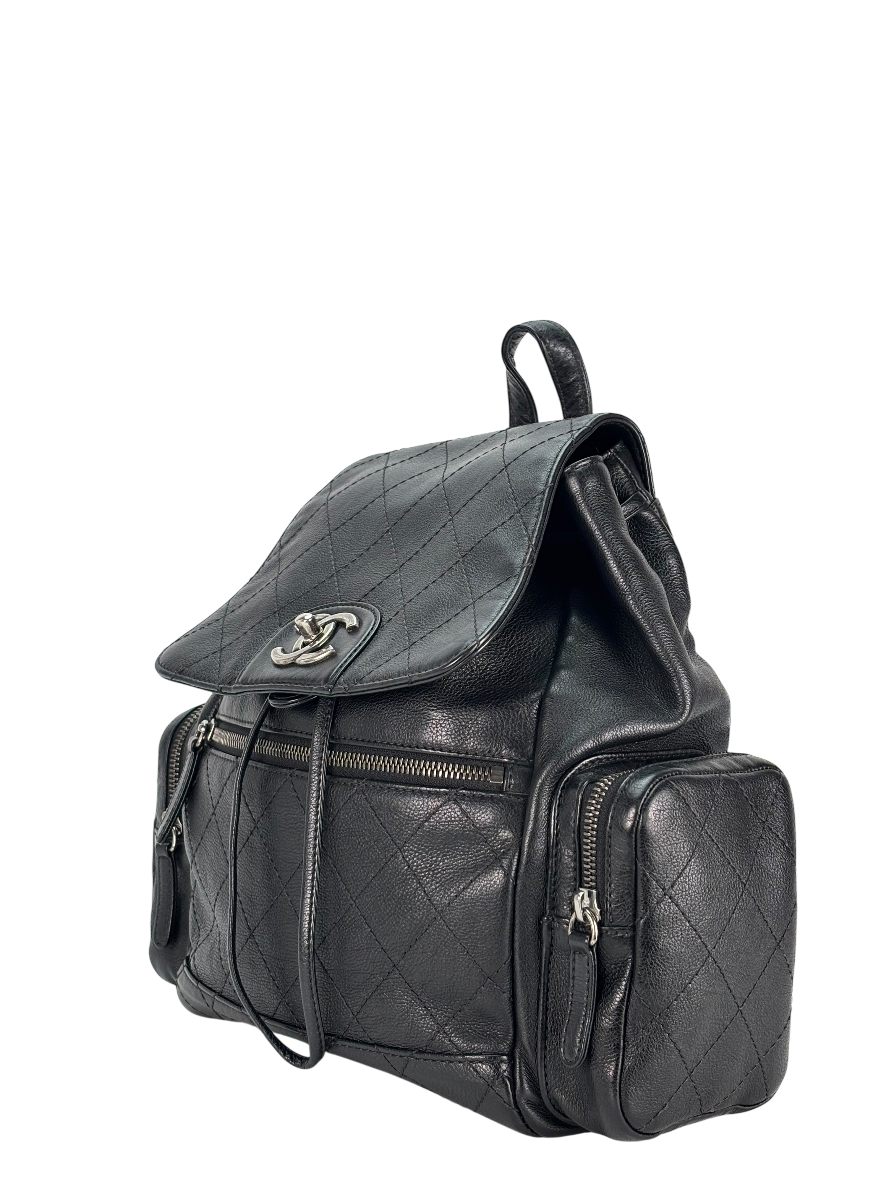 CHANEL - Black Calfskin Grained Stitched Pocket Backpack 