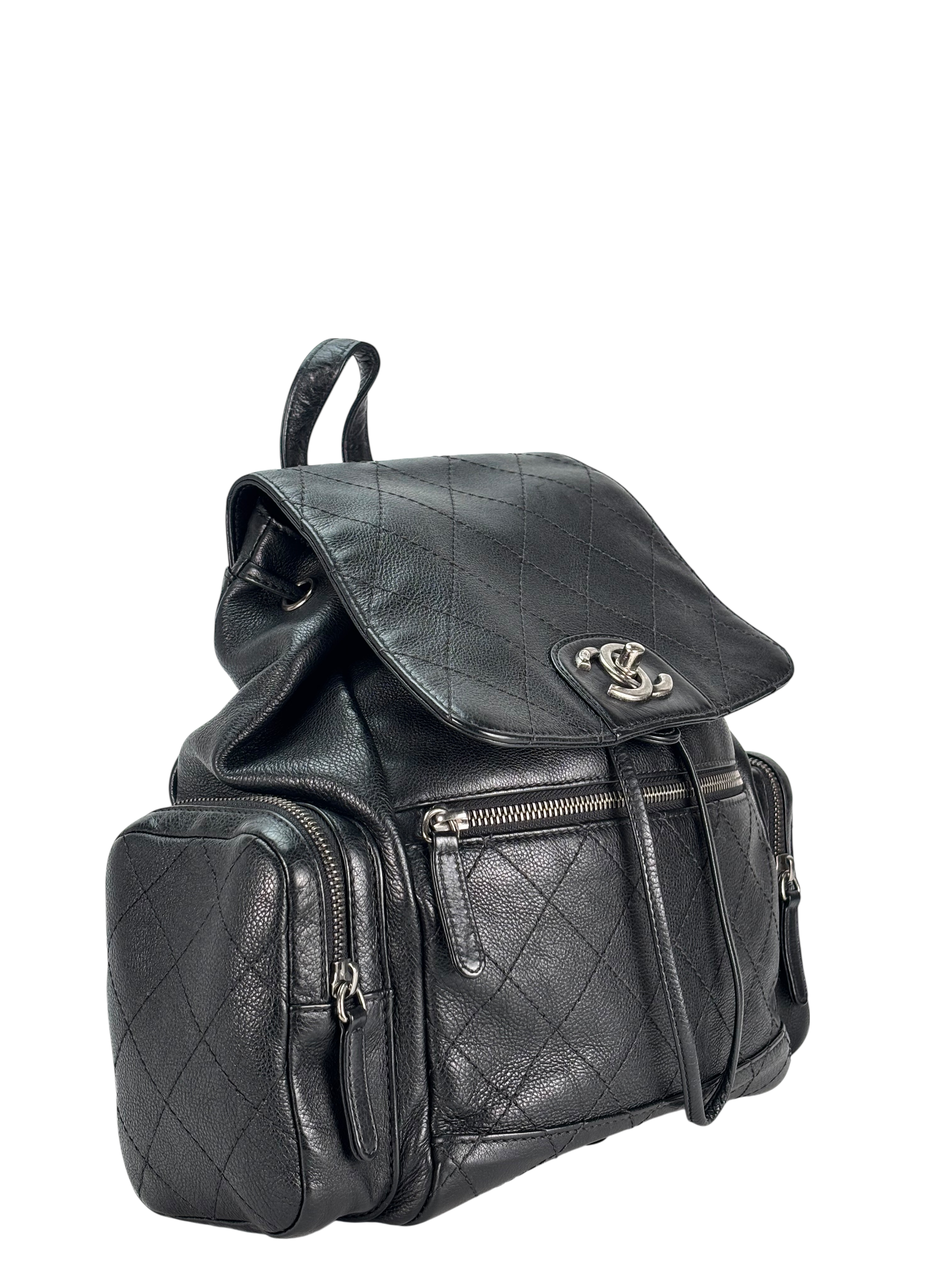 CHANEL - Black Calfskin Grained Stitched Pocket Backpack 