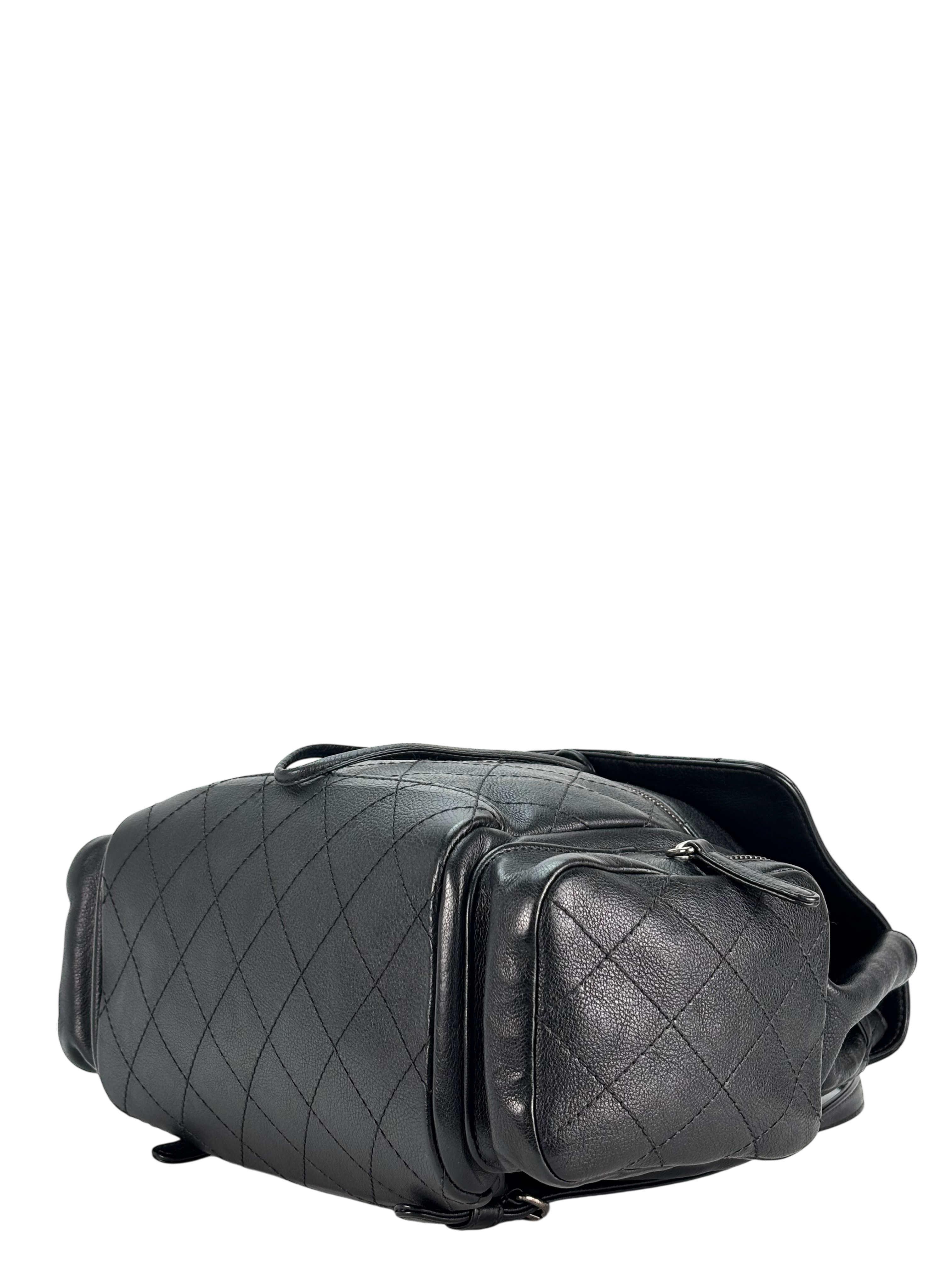 CHANEL - Black Calfskin Grained Stitched Pocket Backpack 