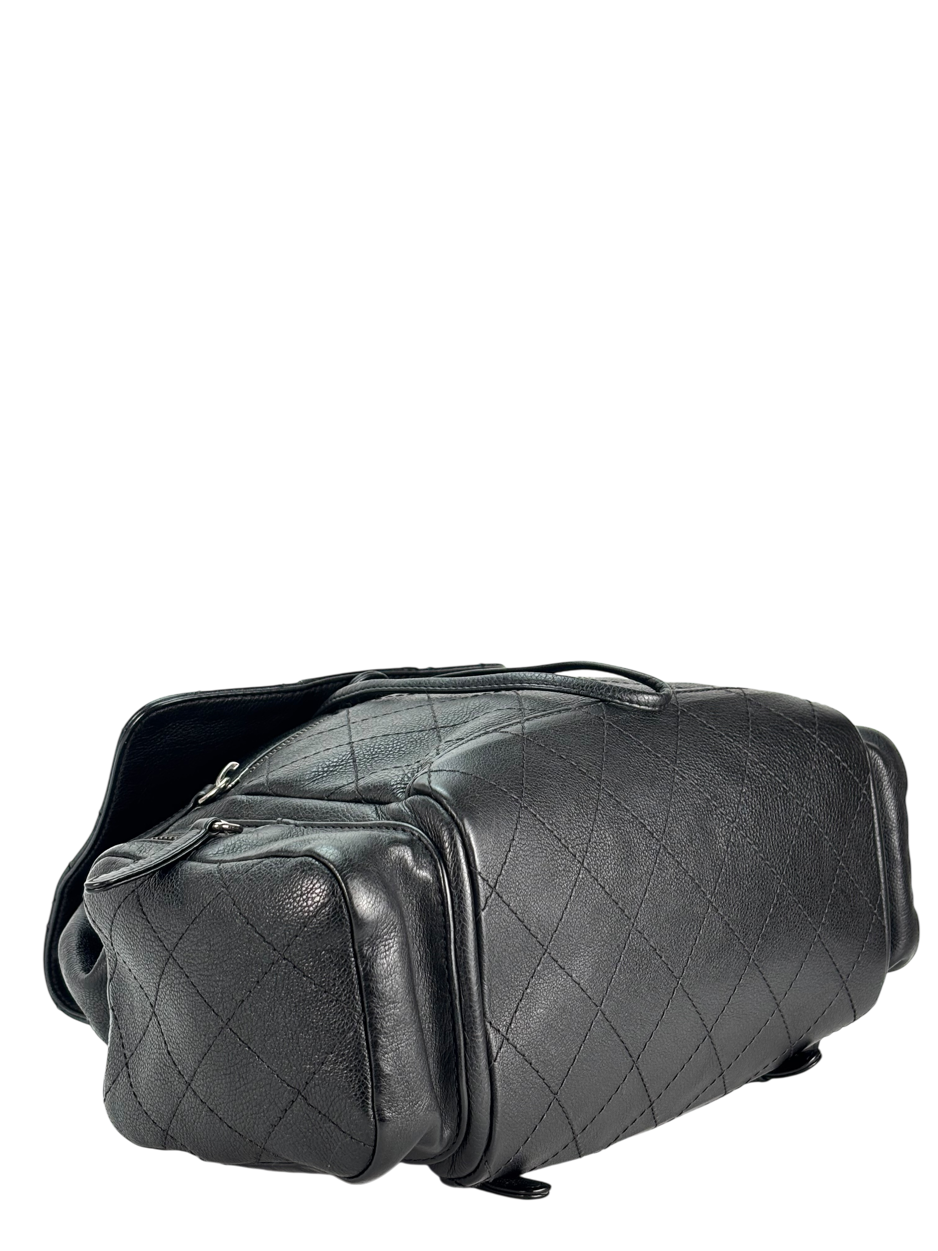 CHANEL - Black Calfskin Grained Stitched Pocket Backpack 