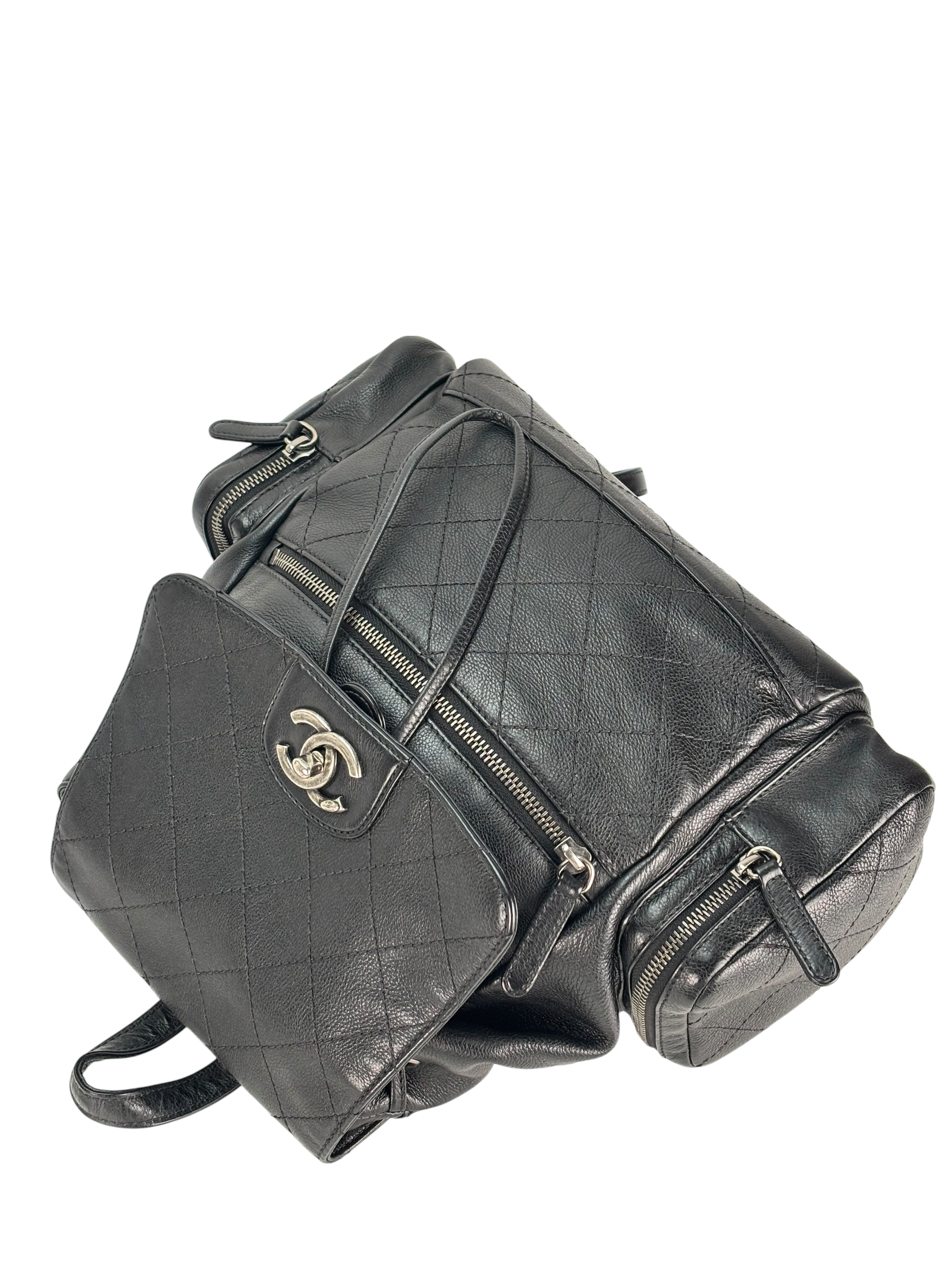 CHANEL - Black Calfskin Grained Stitched Pocket Backpack 