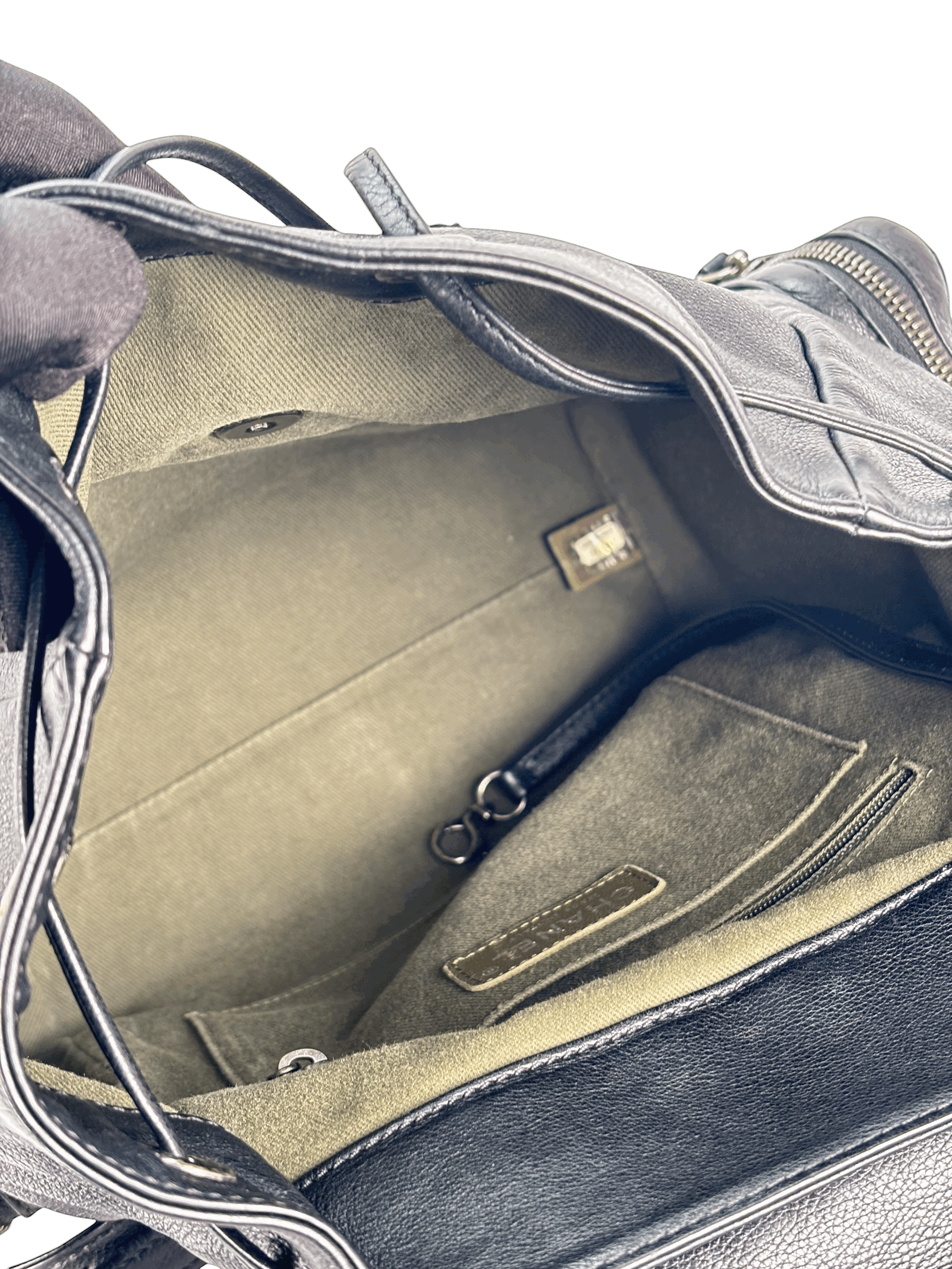 CHANEL - Black Calfskin Grained Stitched Pocket Backpack 