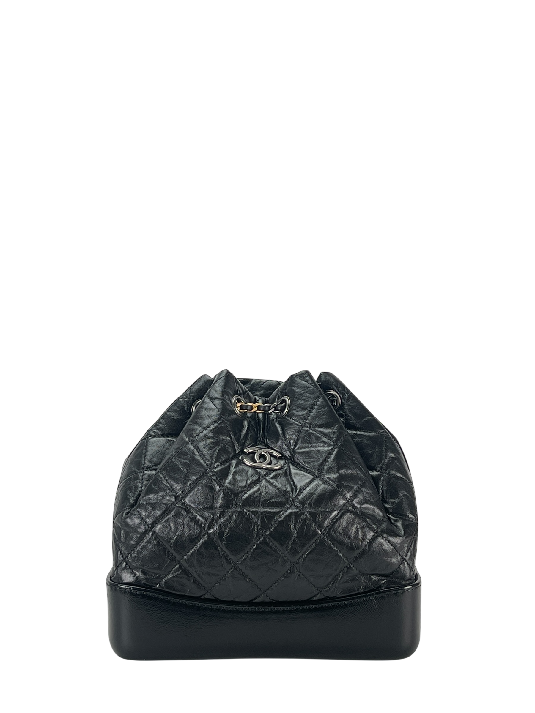 CHANEL - Black Calfskin Gabrielle Chain Black Gold Silver Hardware Backpack