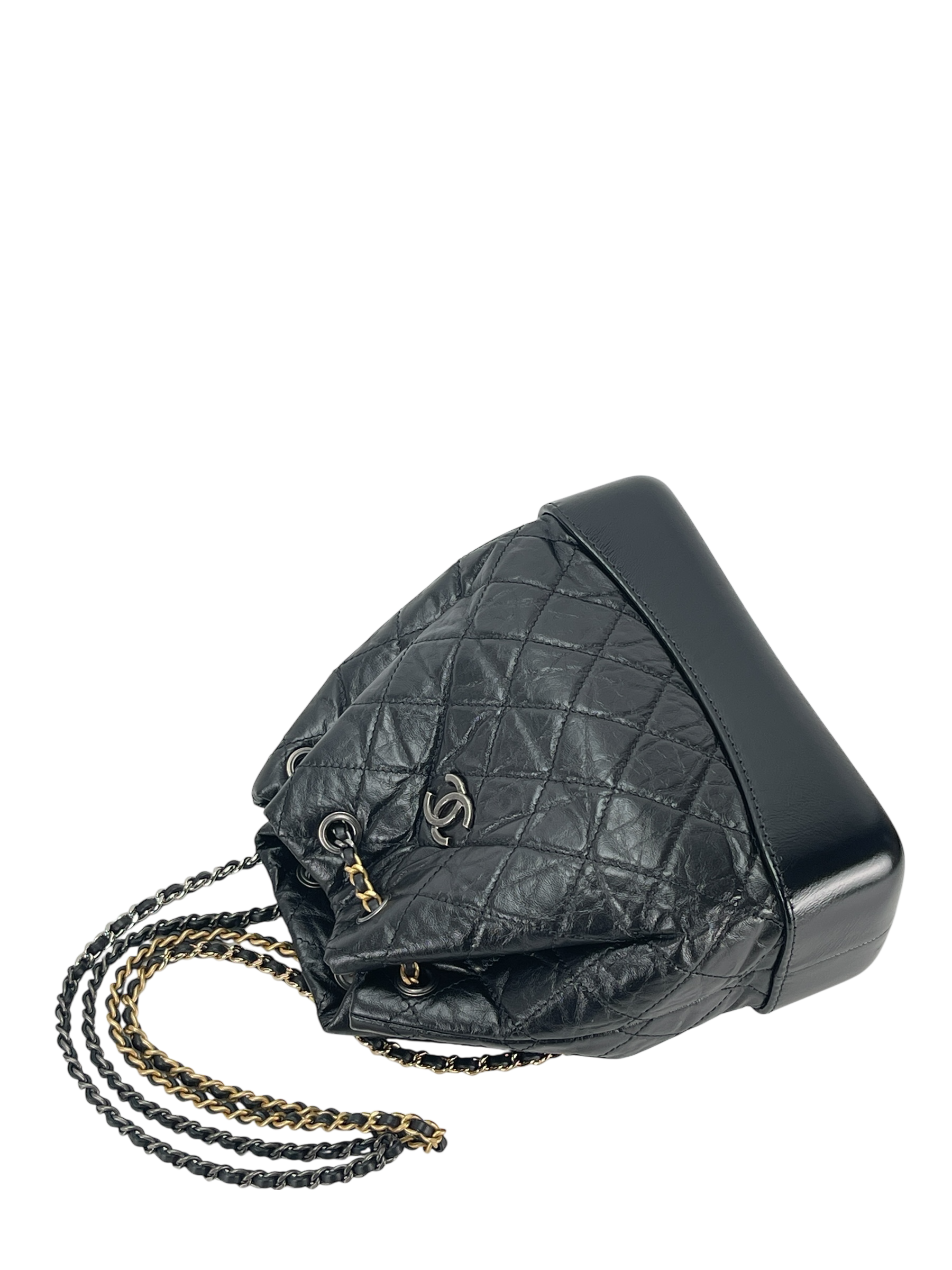 CHANEL - Black Calfskin Gabrielle Chain Black Gold Silver Hardware Backpack