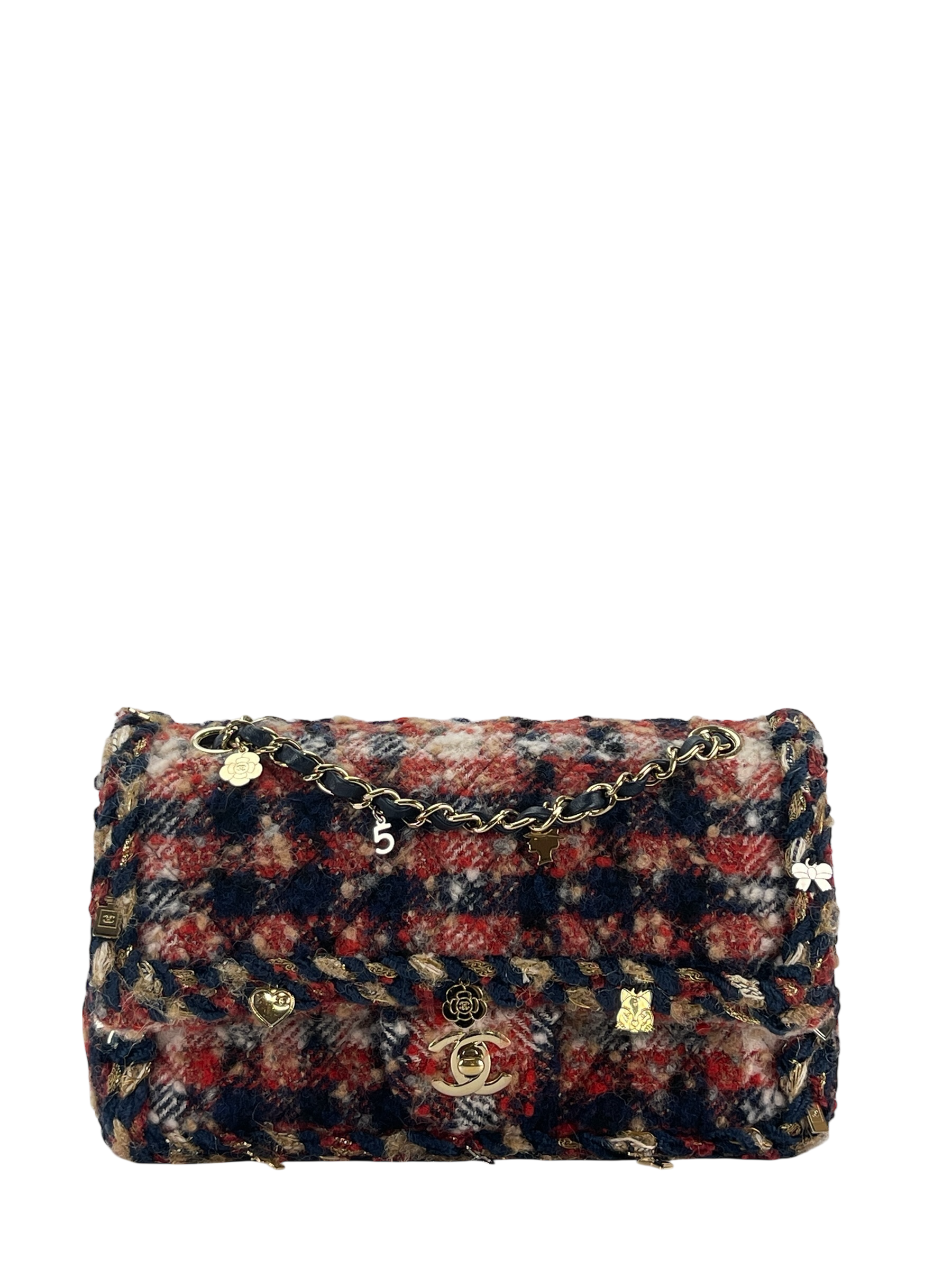 CHANEL - Tweed Quilted Charms Mini Rectangular Flap Red Multicolor