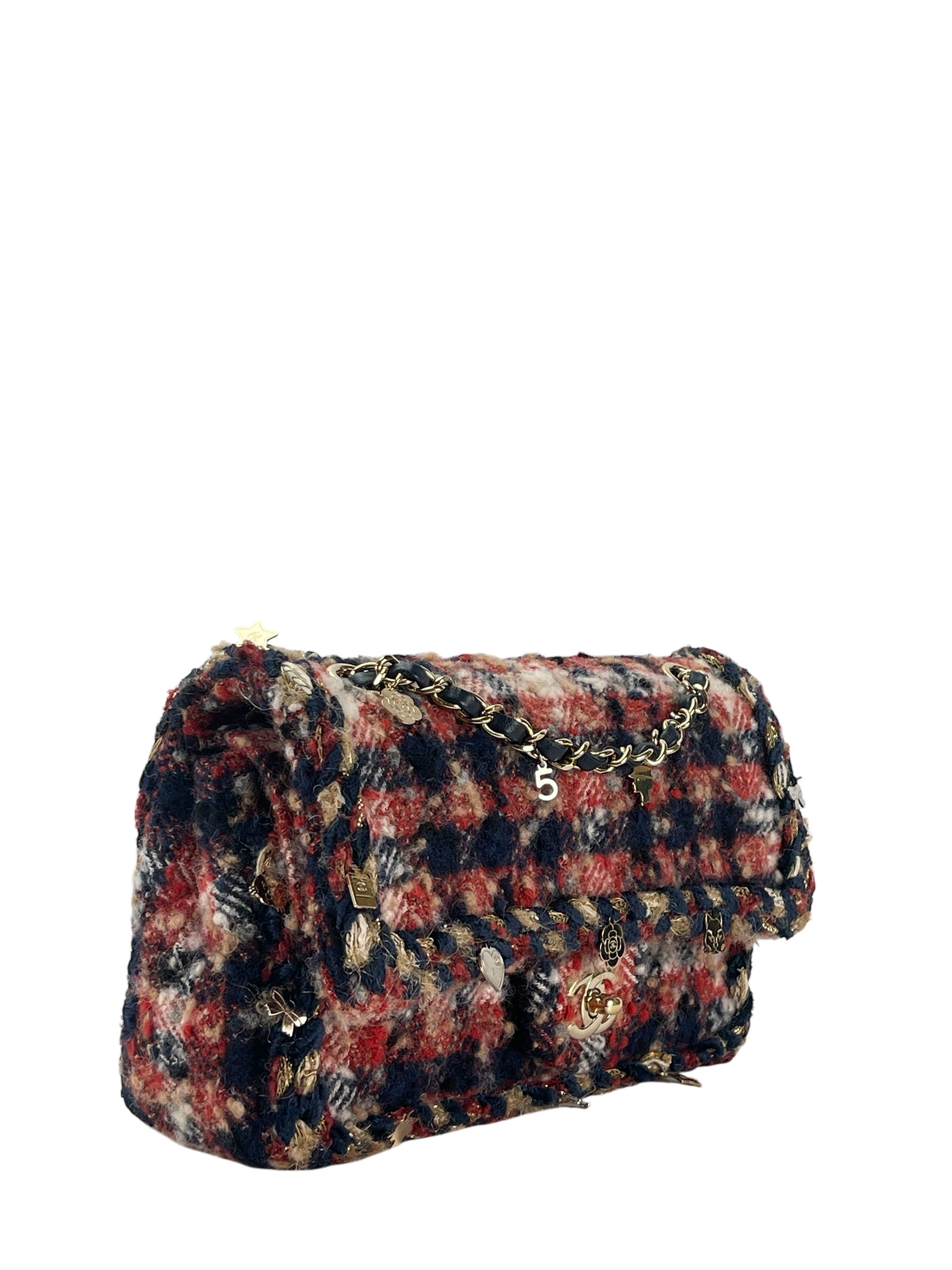 CHANEL - Tweed Quilted Charms Mini Rectangular Flap Red Multicolor