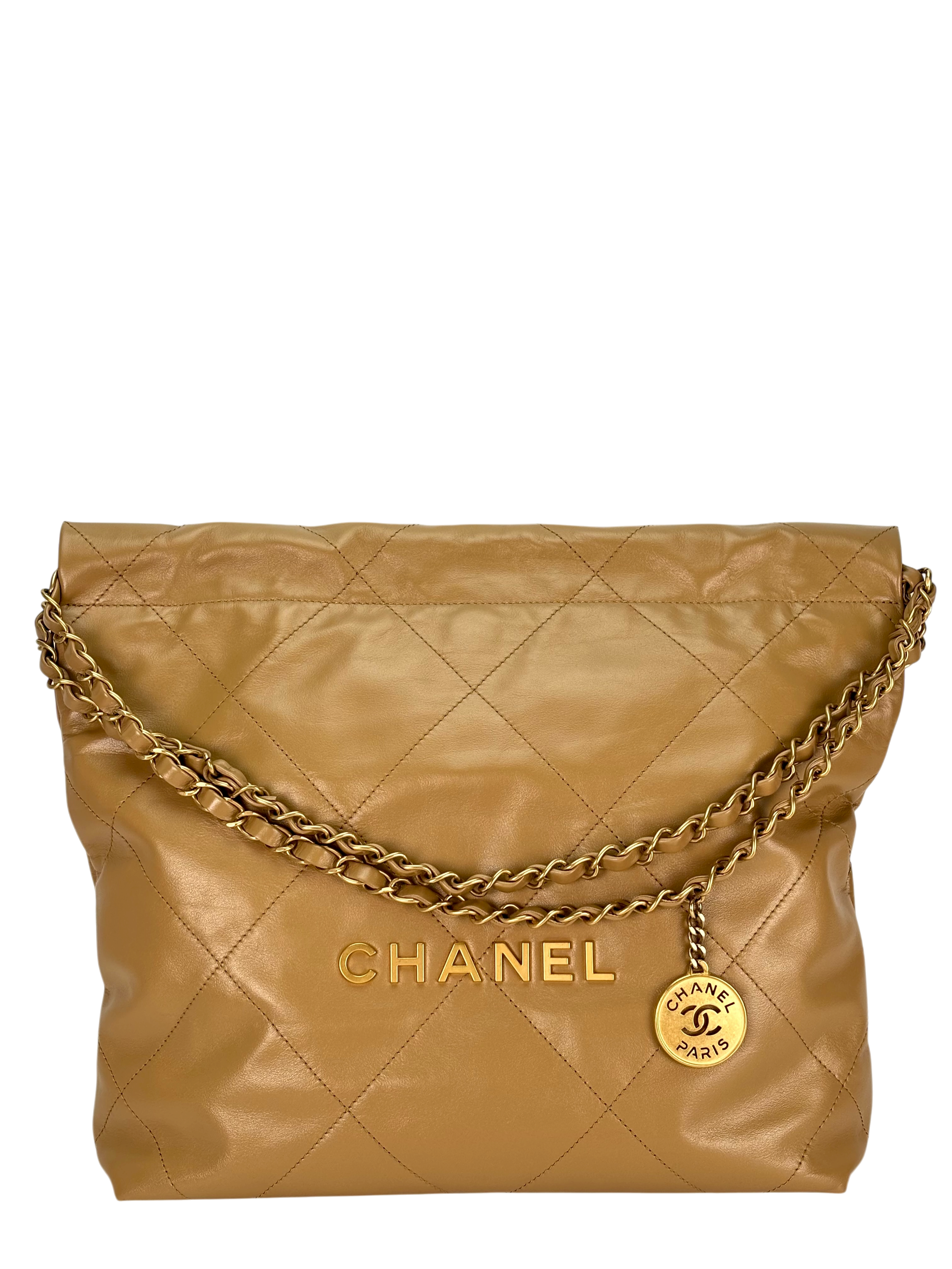 CHANEL - Small 22 Bag Beige Calfskin Gold Hardware