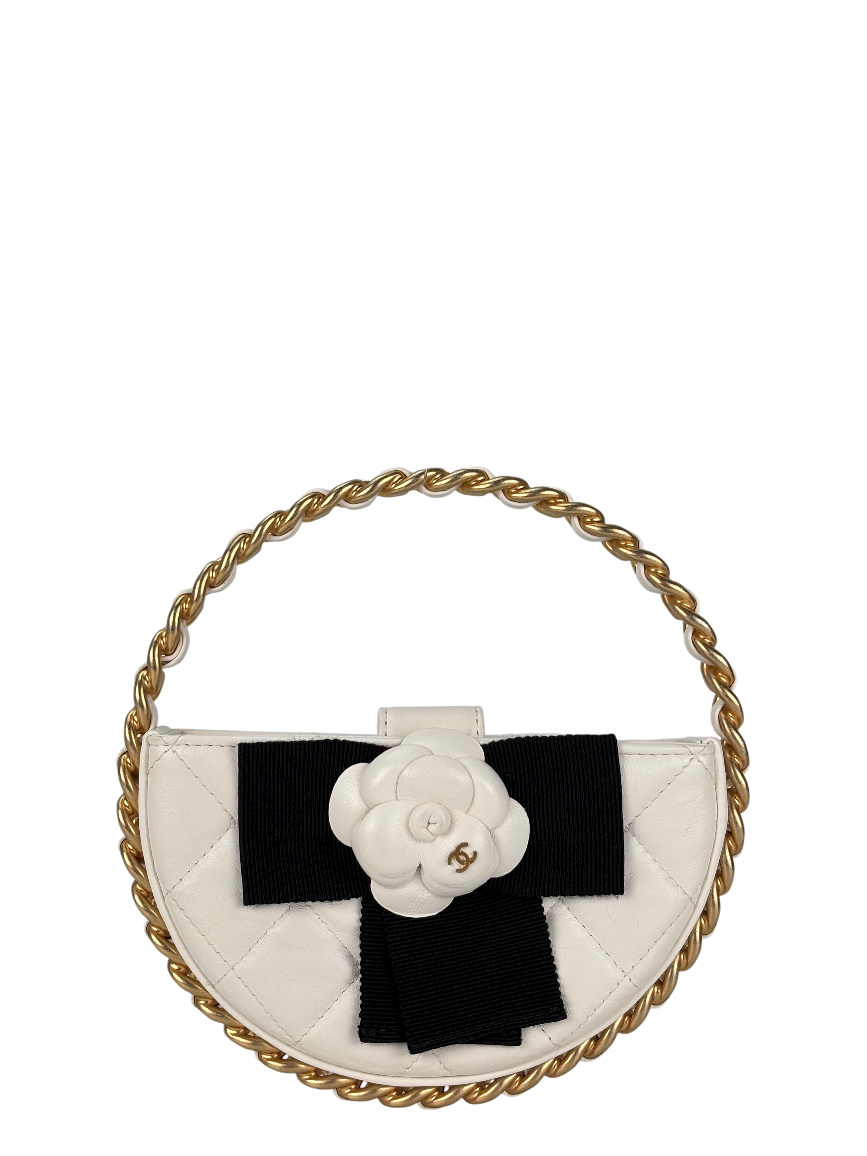 CHANEL - Camellia Bow Handle Bag White Quilted Lambskin Gold Hardware