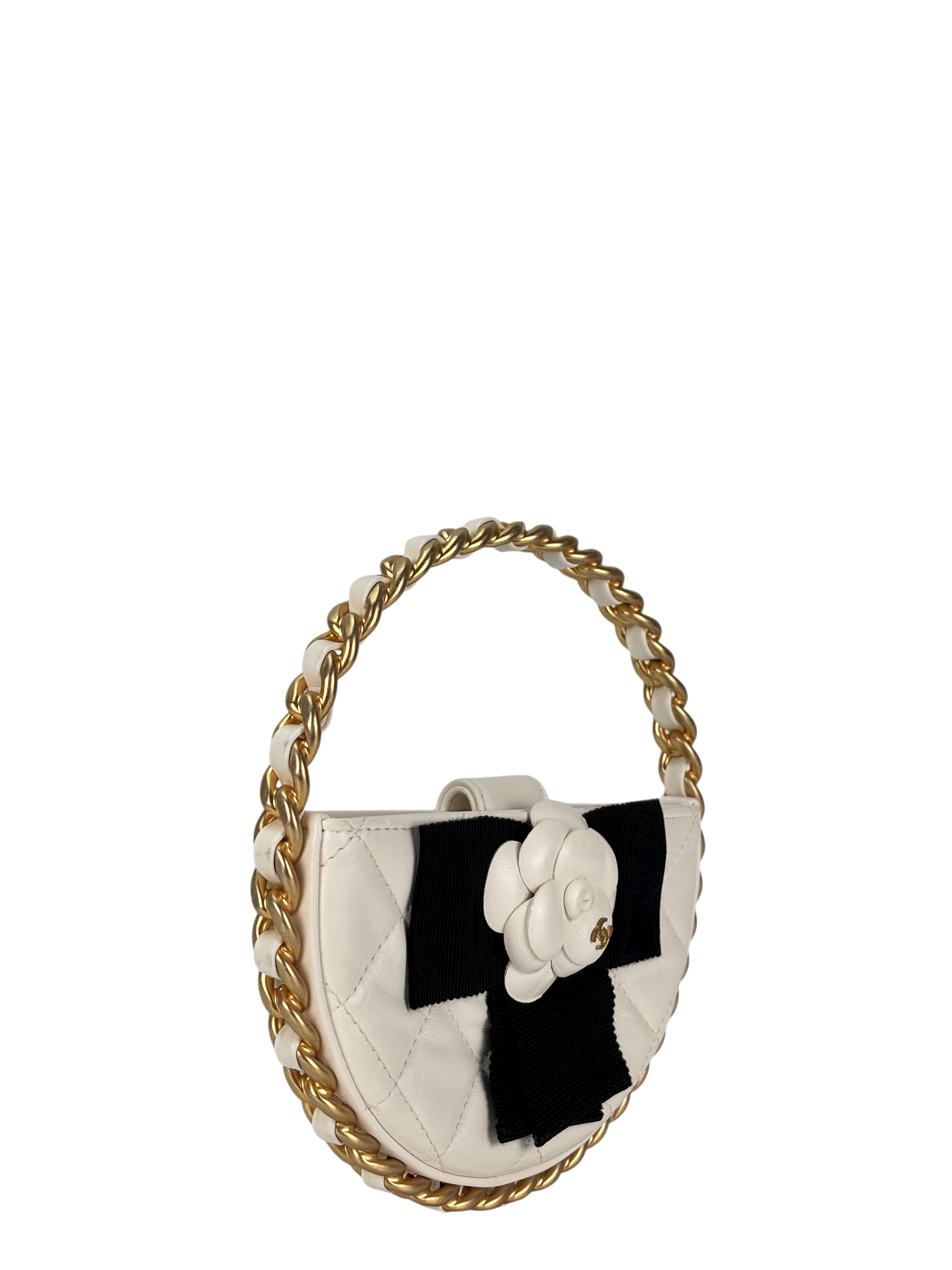 CHANEL - Camellia Bow Handle Bag White Quilted Lambskin Gold Hardware
