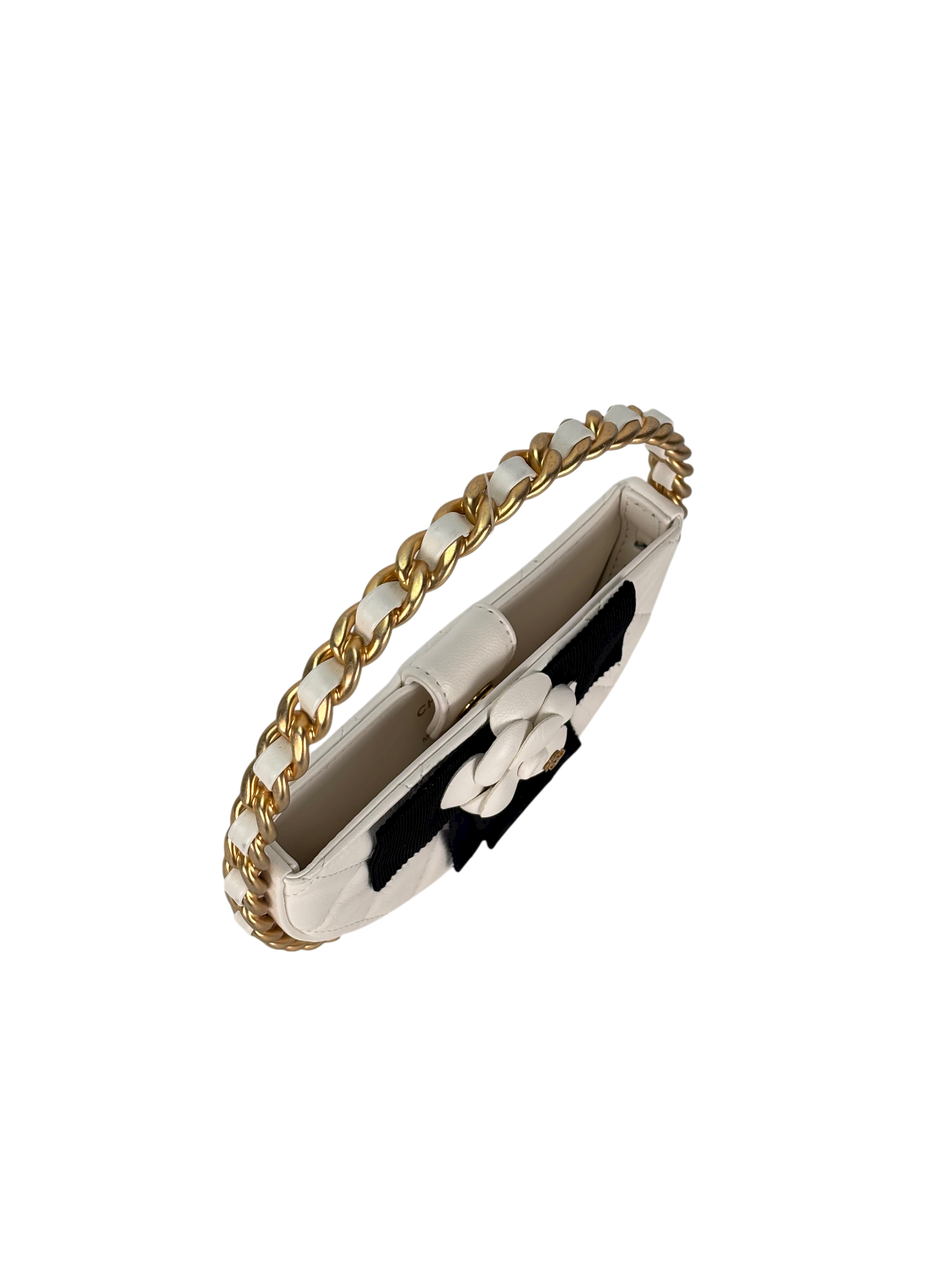 CHANEL - Camellia Bow Handle Bag White Quilted Lambskin Gold Hardware