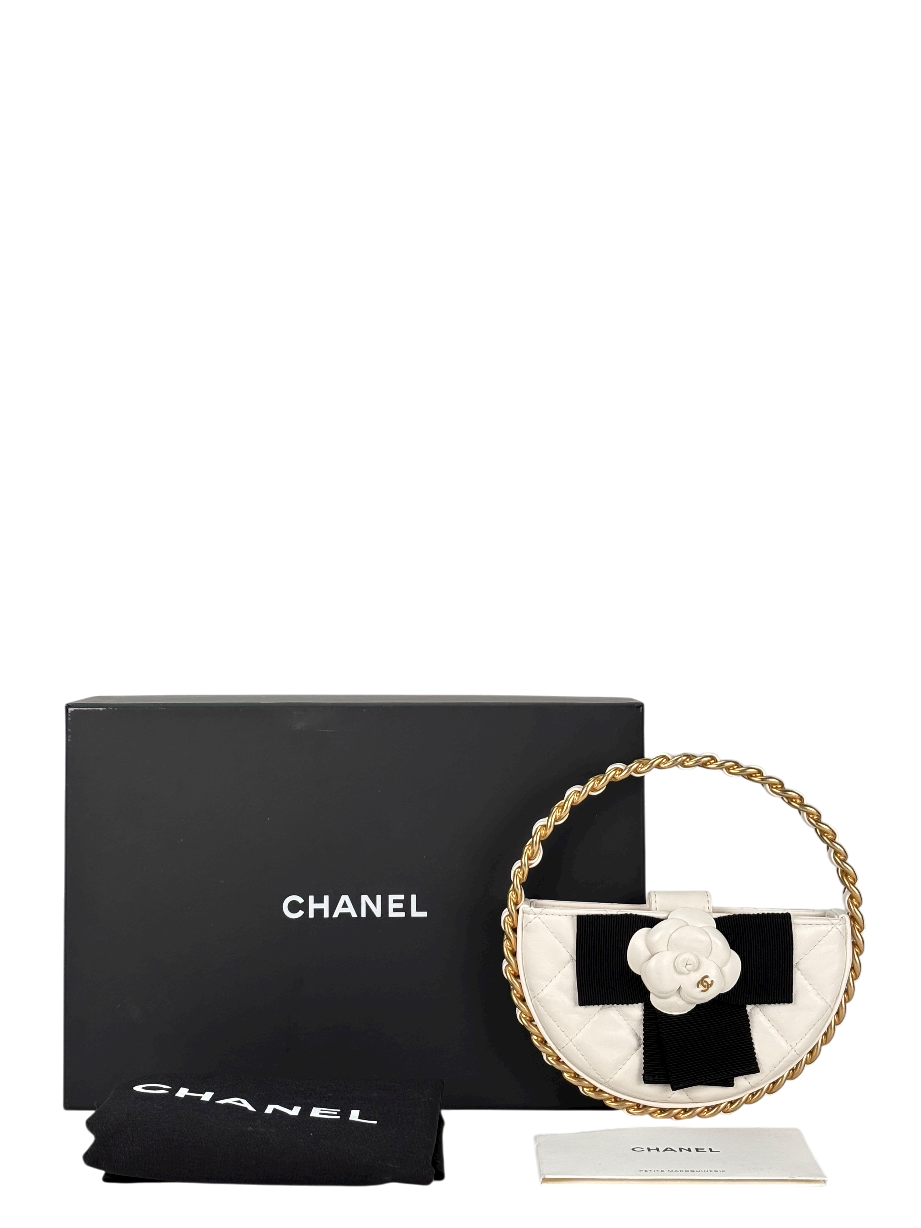 CHANEL - Camellia Bow Handle Bag White Quilted Lambskin Gold Hardware