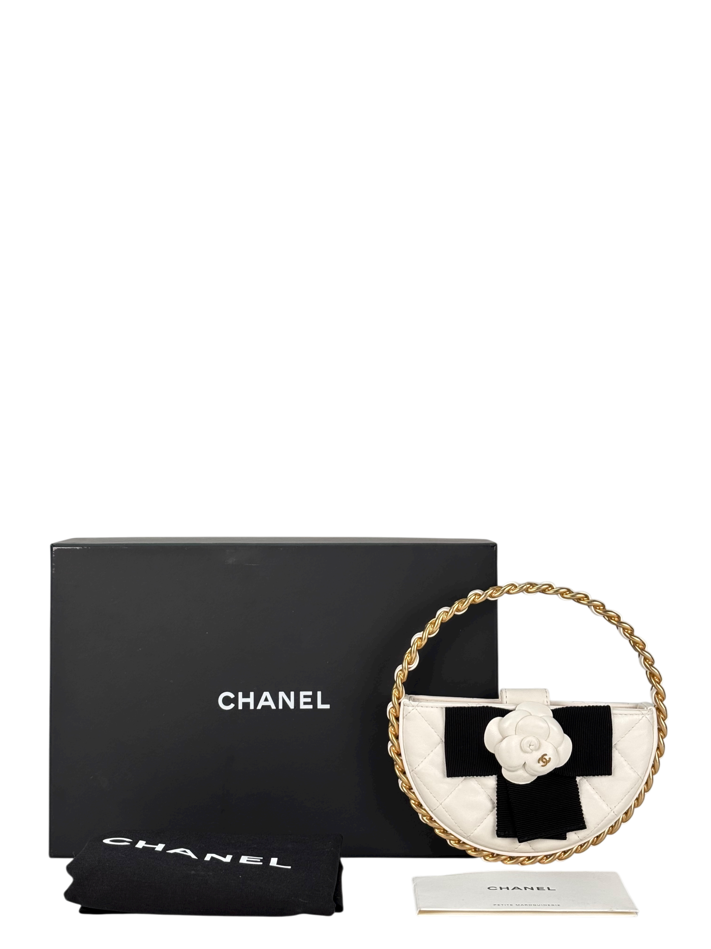 CHANEL - Camellia Bow Handle Bag White Quilted Lambskin Gold Hardware