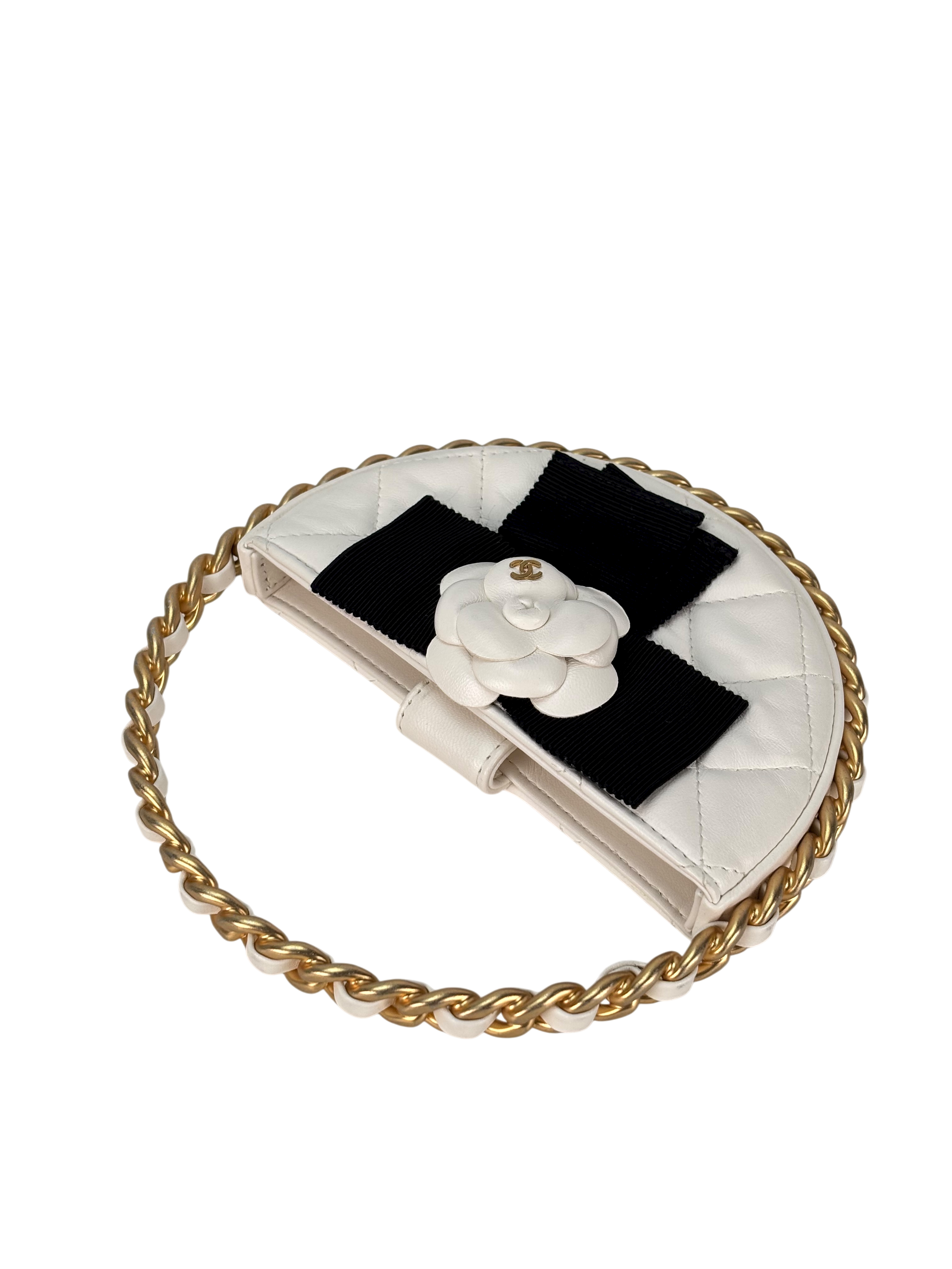 CHANEL - Camellia Bow Handle Bag White Quilted Lambskin Gold Hardware
