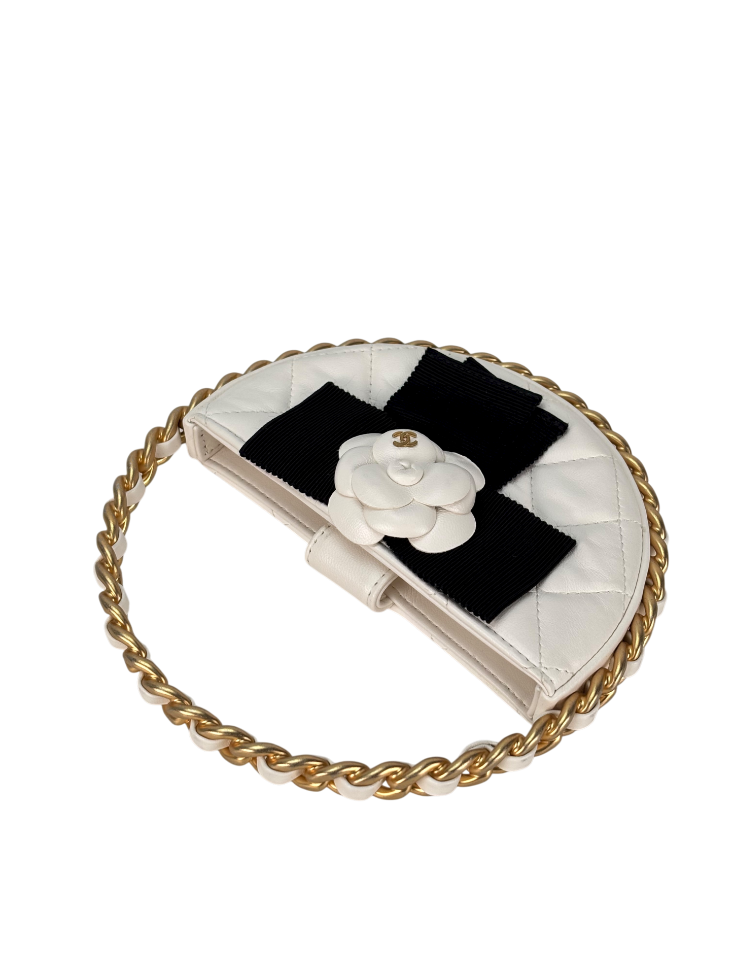 CHANEL - Camellia Bow Handle Bag White Quilted Lambskin Gold Hardware