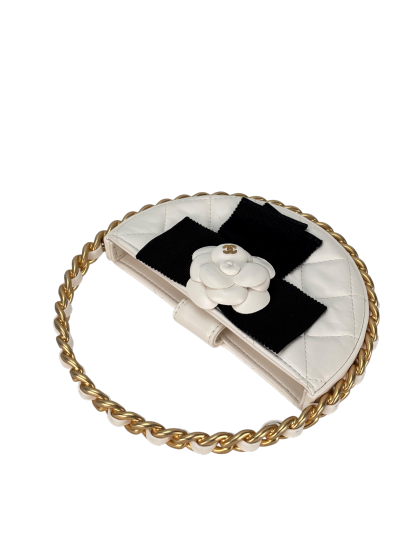 CHANEL - Camellia Bow Handle Bag White Quilted Lambskin Gold Hardware