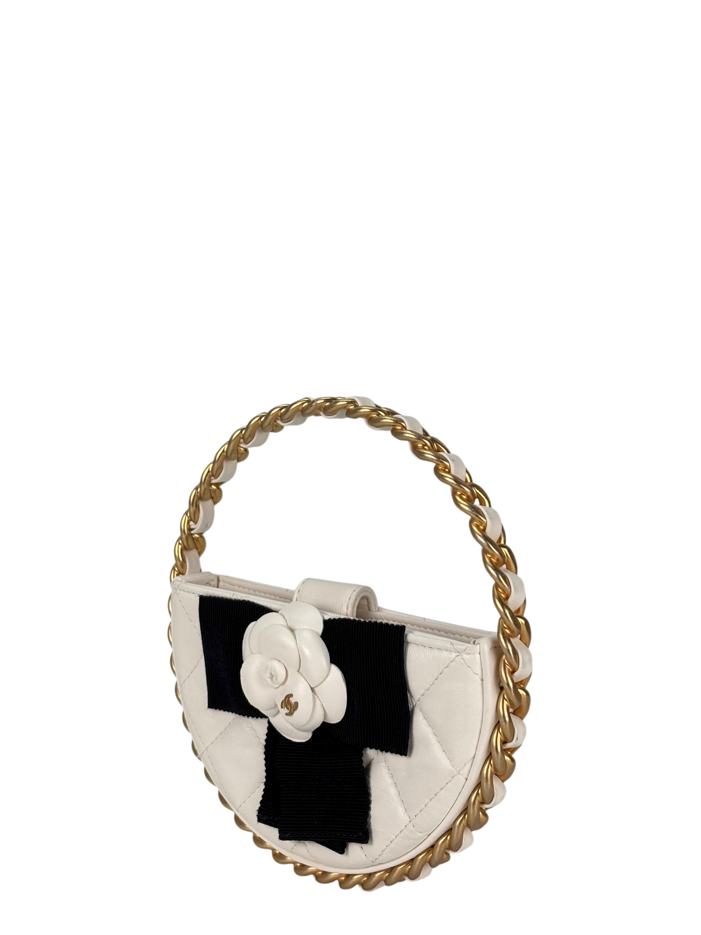 CHANEL - Camellia Bow Handle Bag White Quilted Lambskin Gold Hardware