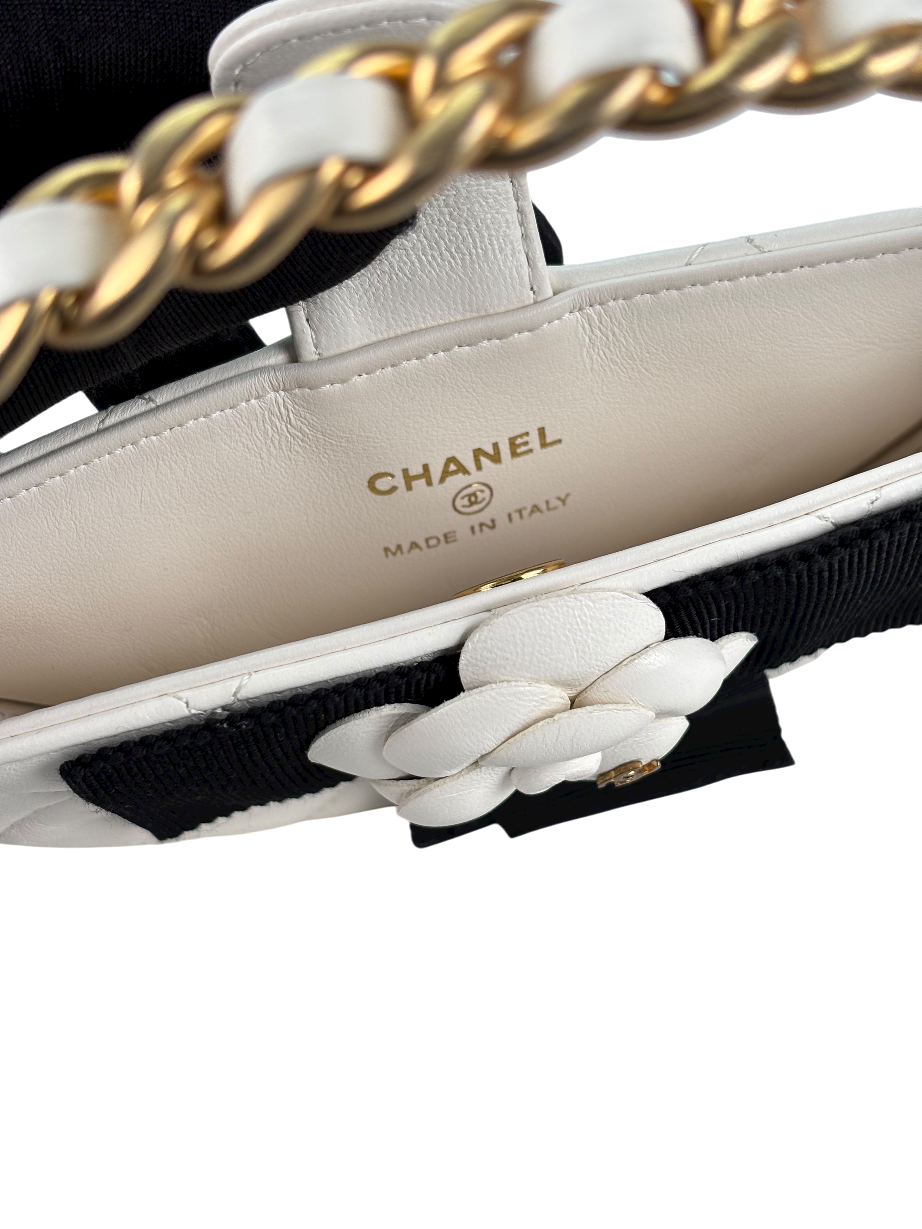 CHANEL - Camellia Bow Handle Bag White Quilted Lambskin Gold Hardware