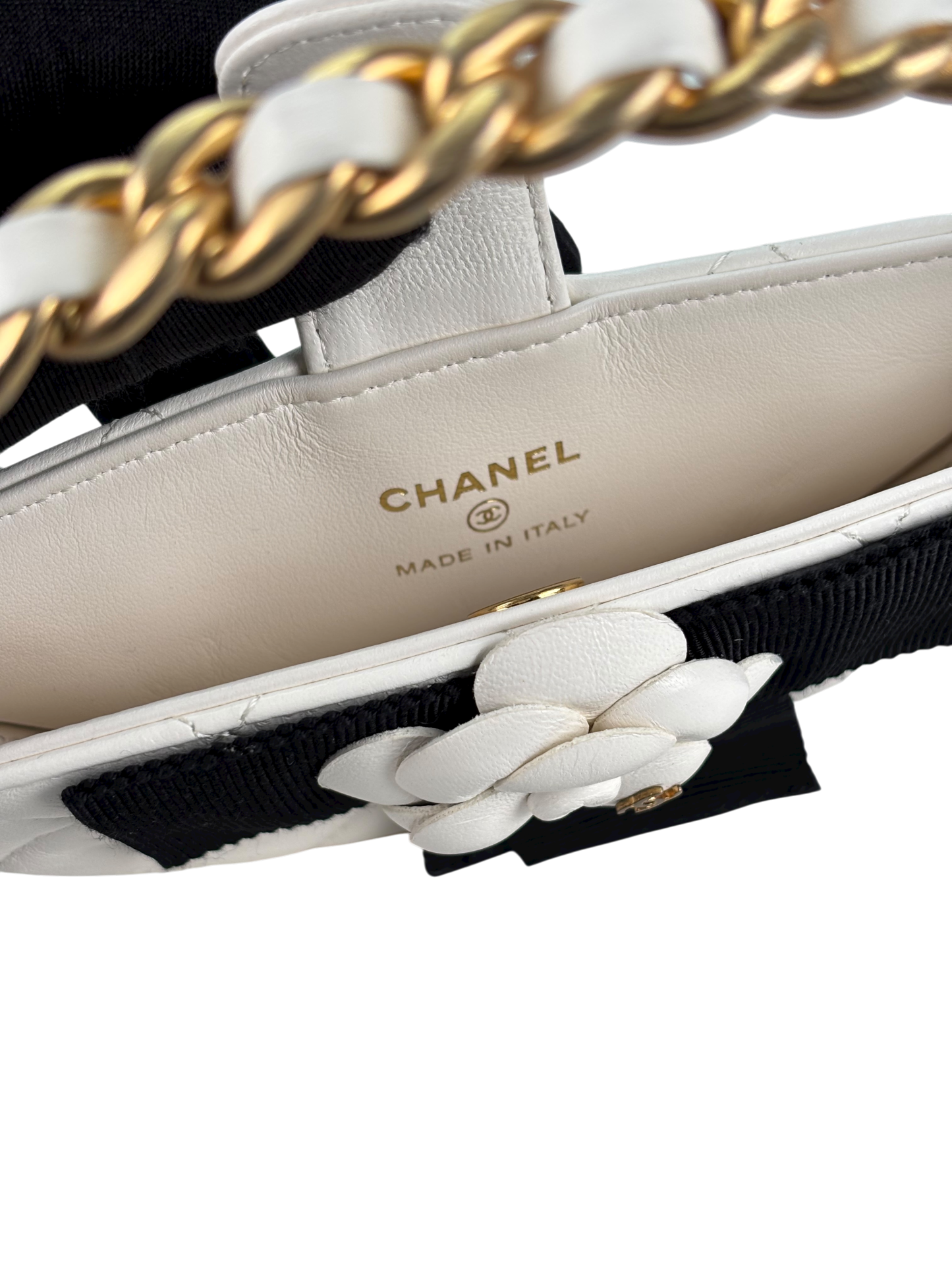 CHANEL - Camellia Bow Handle Bag White Quilted Lambskin Gold Hardware