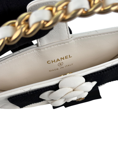 CHANEL - Camellia Bow Handle Bag White Quilted Lambskin Gold Hardware