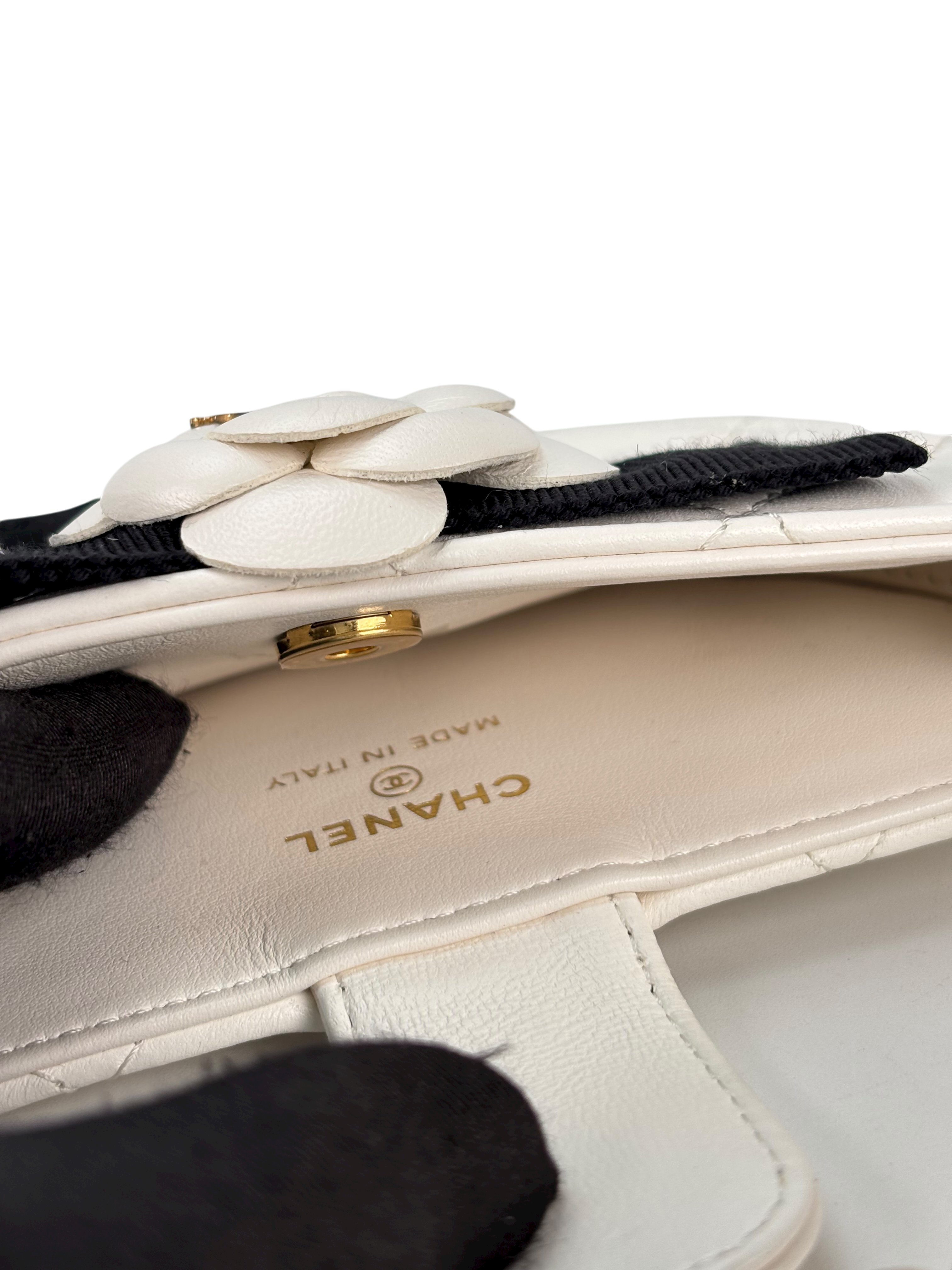 CHANEL - Camellia Bow Handle Bag White Quilted Lambskin Gold Hardware