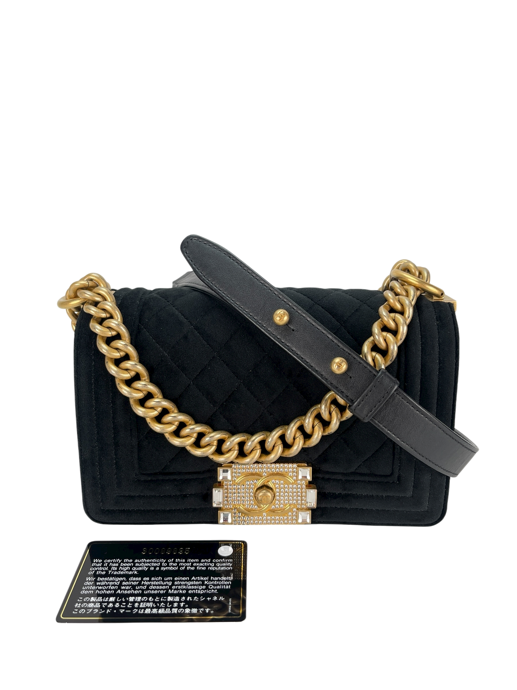 CHANEL - Small Boy Flap Bag Black Velvet Gold Crystal Clasp