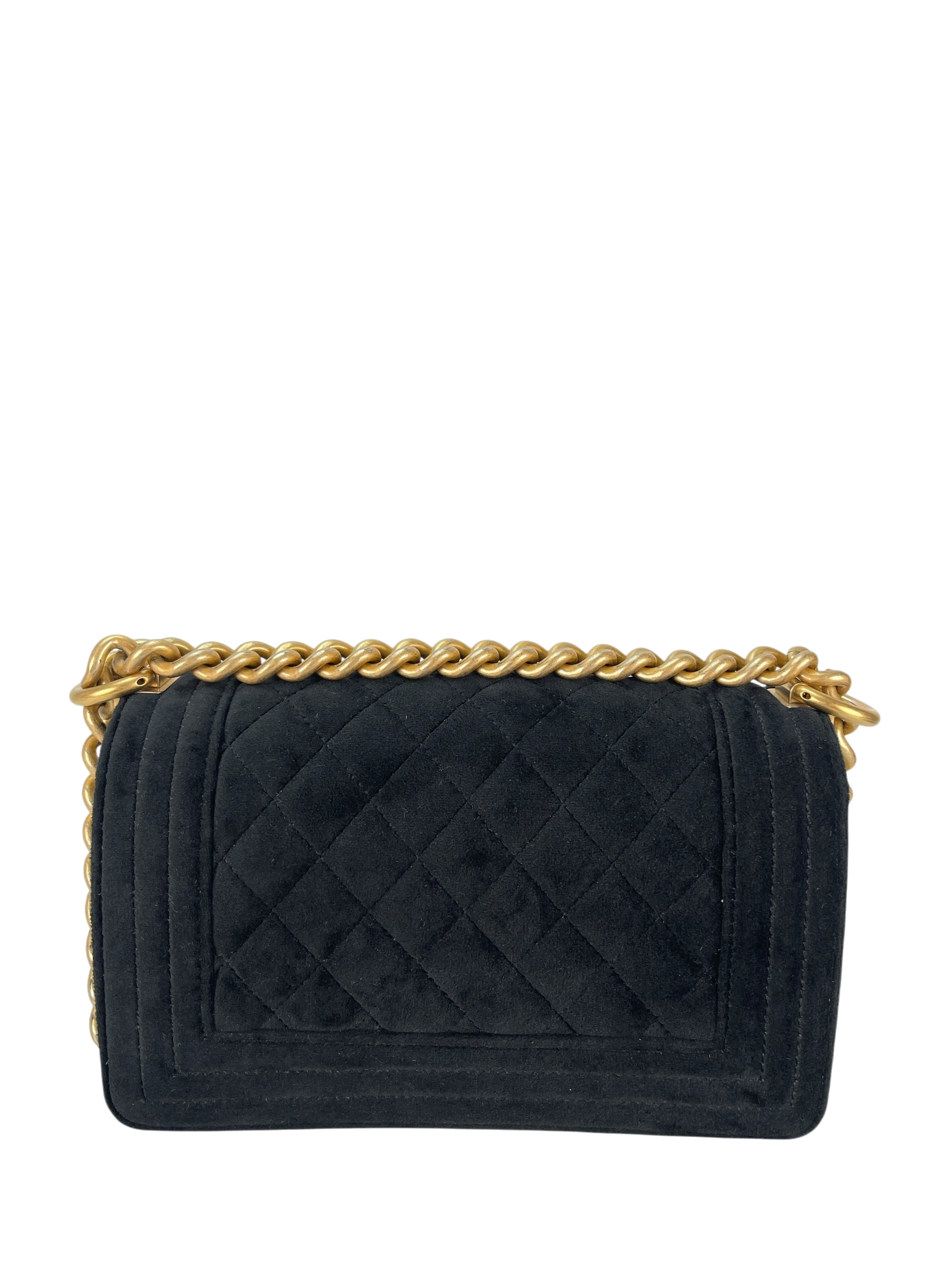 CHANEL - Small Boy Flap Bag Black Velvet Gold Crystal Clasp