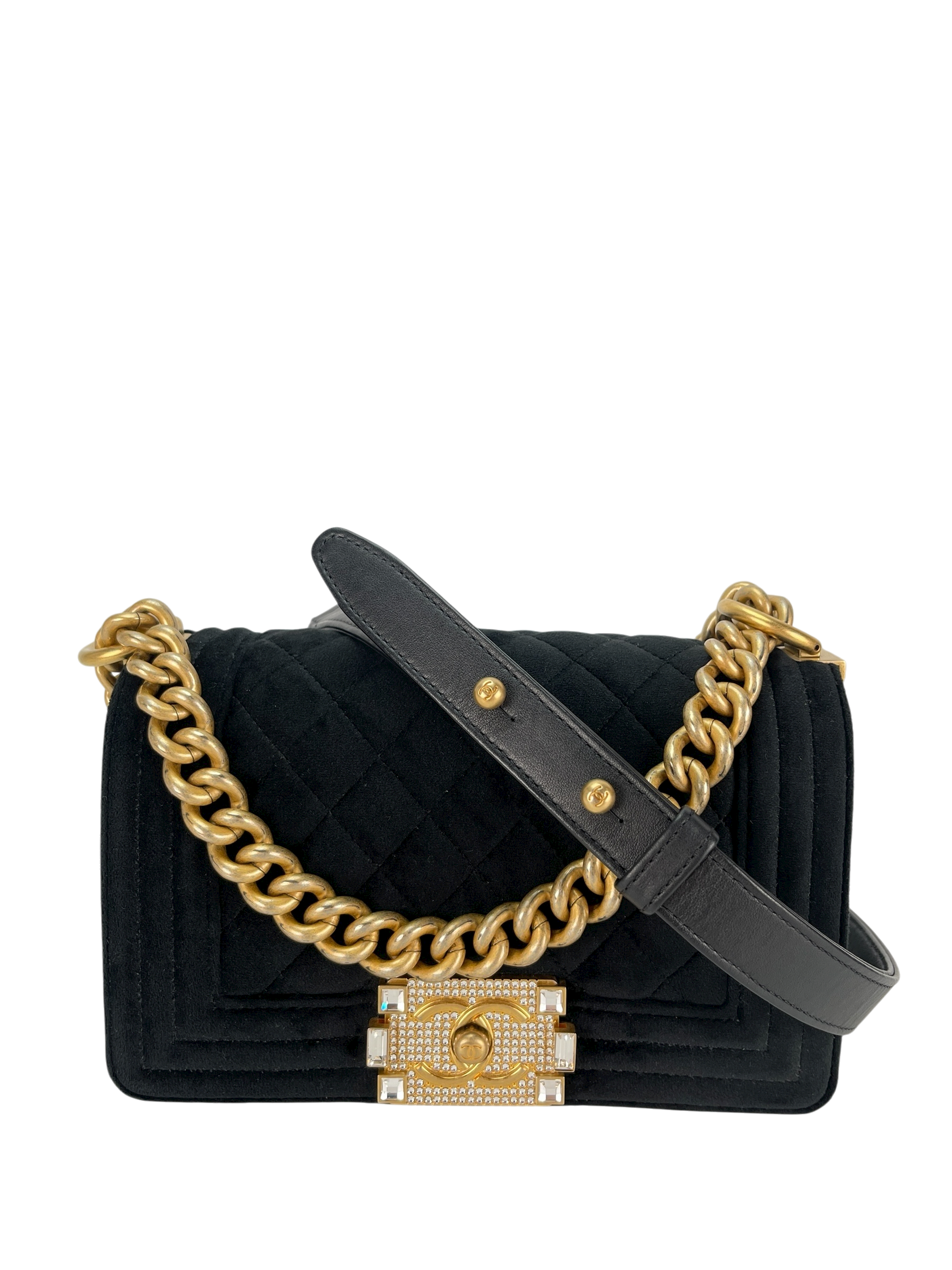 CHANEL - Small Boy Flap Bag Black Velvet Gold Crystal Clasp
