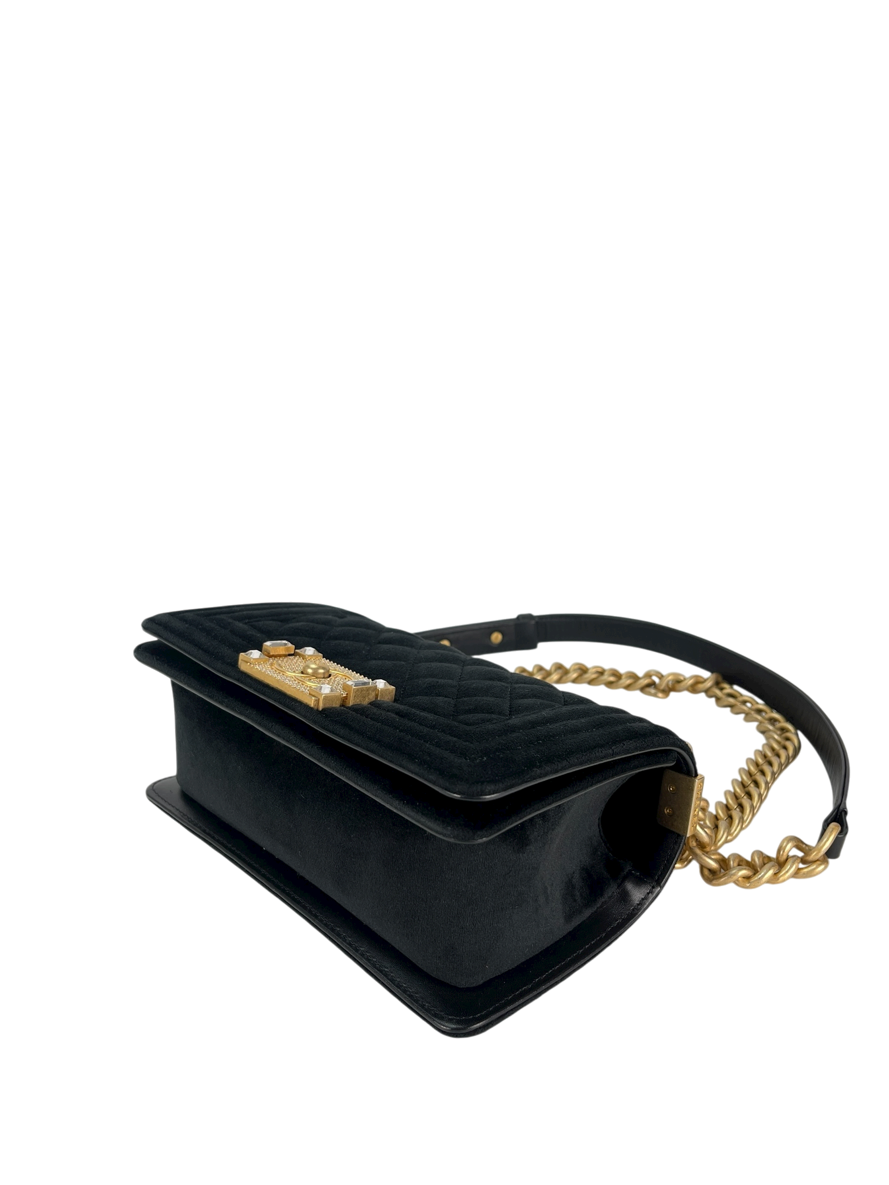 CHANEL - Small Boy Flap Bag Black Velvet Gold Crystal Clasp