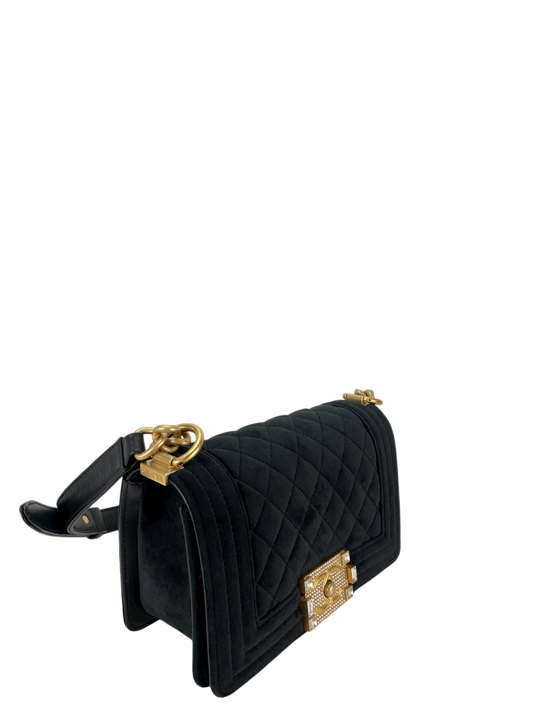 CHANEL - Small Boy Flap Bag Black Velvet Gold Crystal Clasp