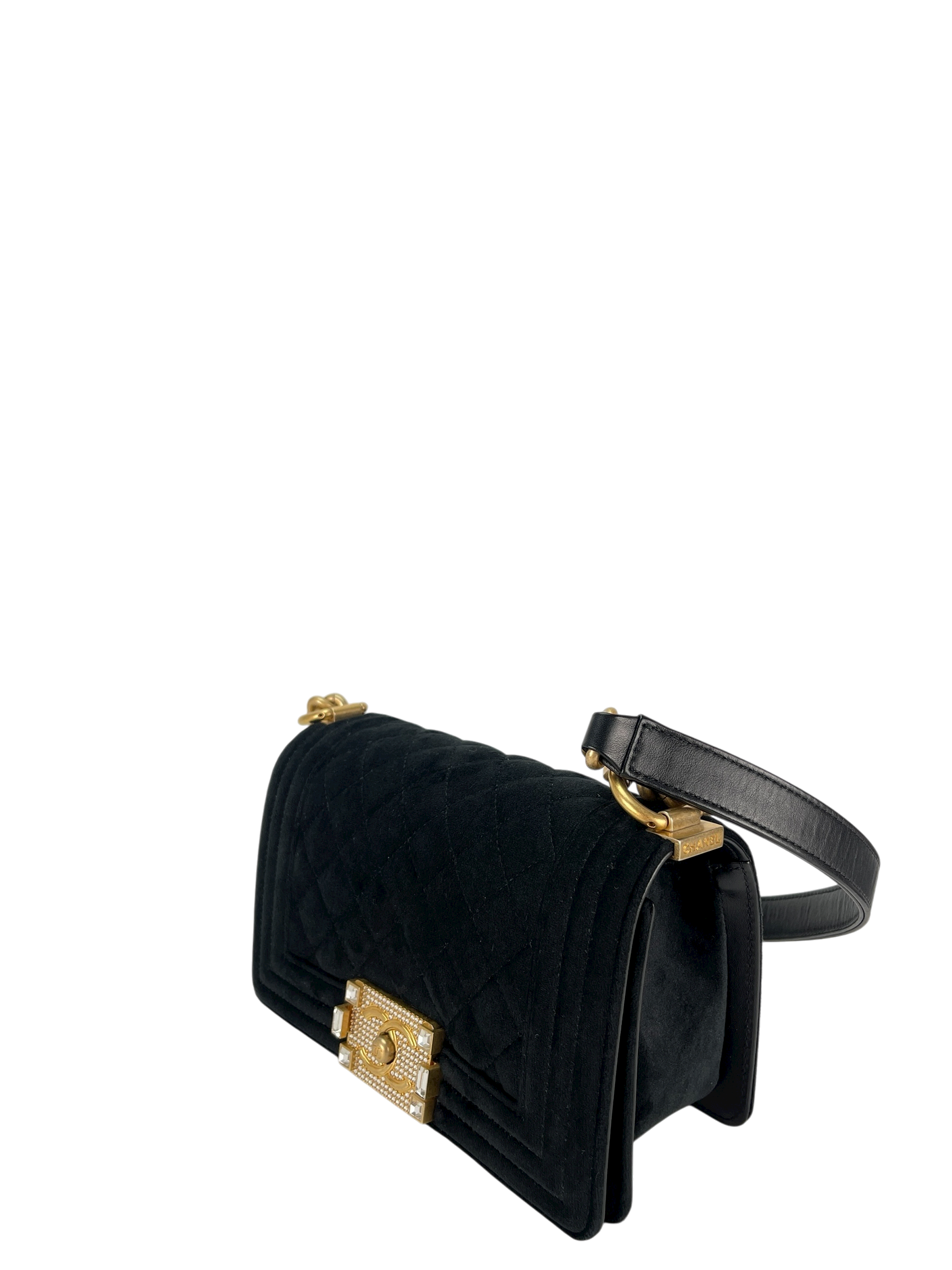 CHANEL - Small Boy Flap Bag Black Velvet Gold Crystal Clasp