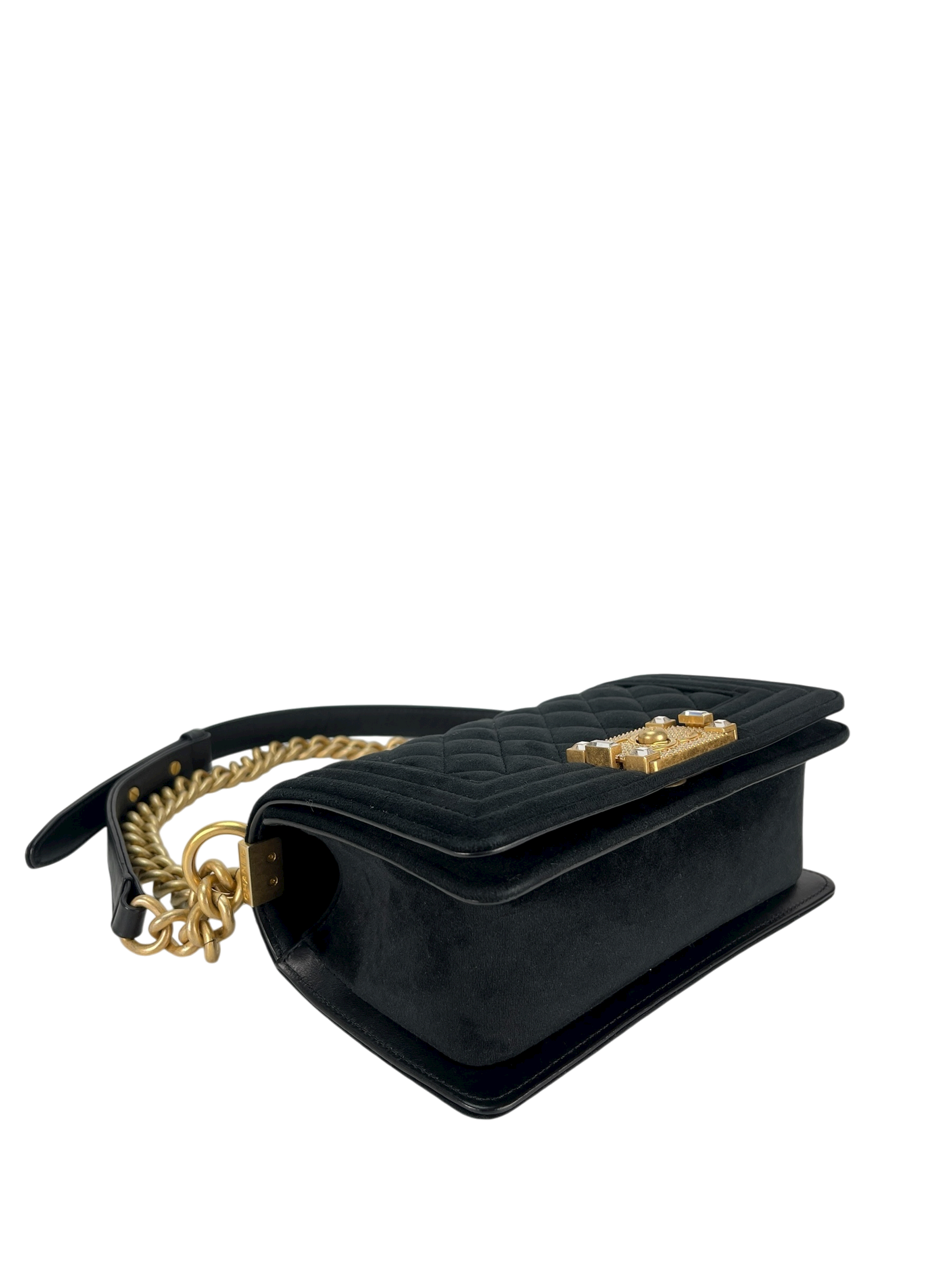 CHANEL - Small Boy Flap Bag Black Velvet Gold Crystal Clasp