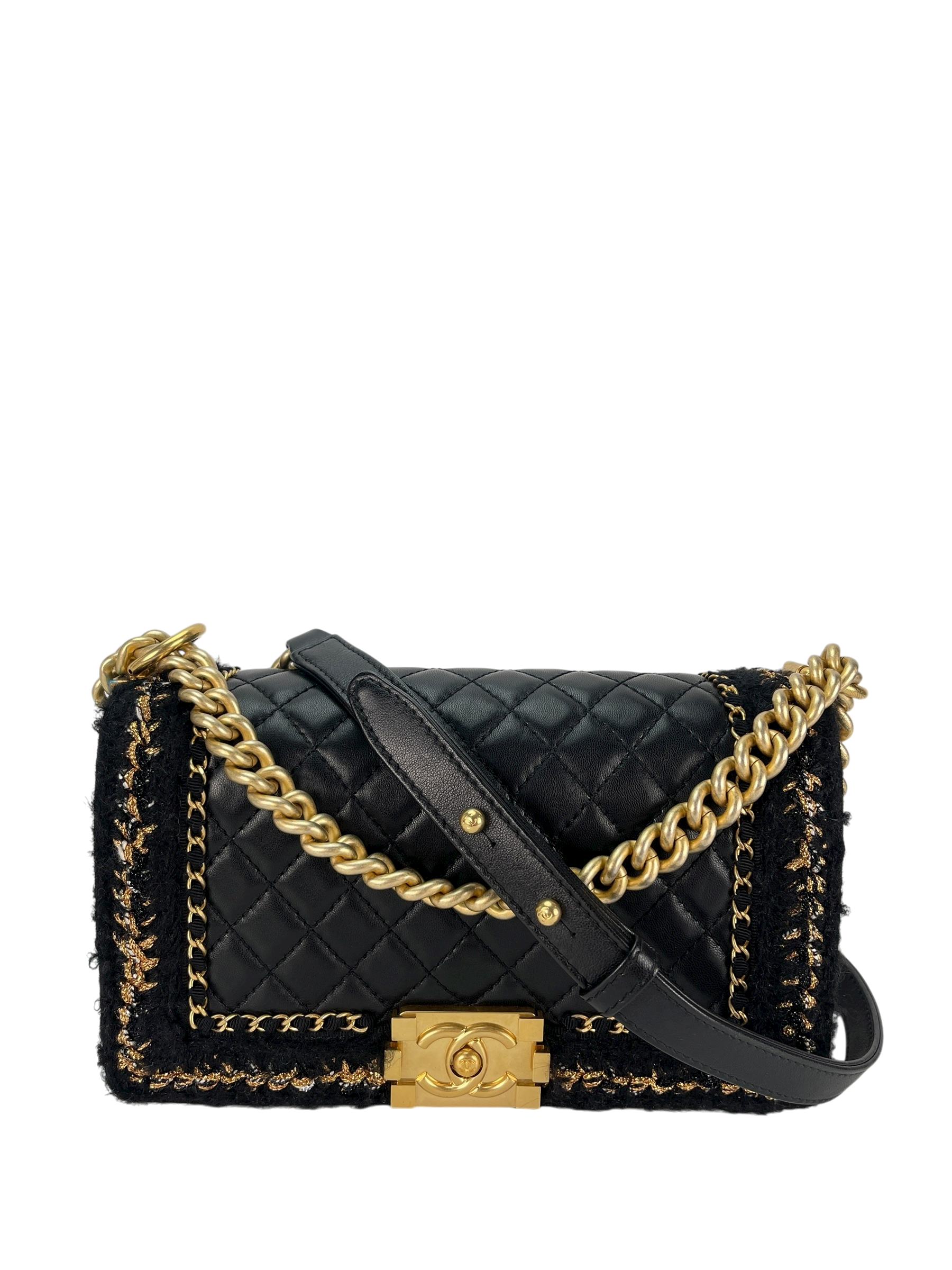 CHANEL - Boy Flap Bag Tweed Lambskin Black Gold Hardware