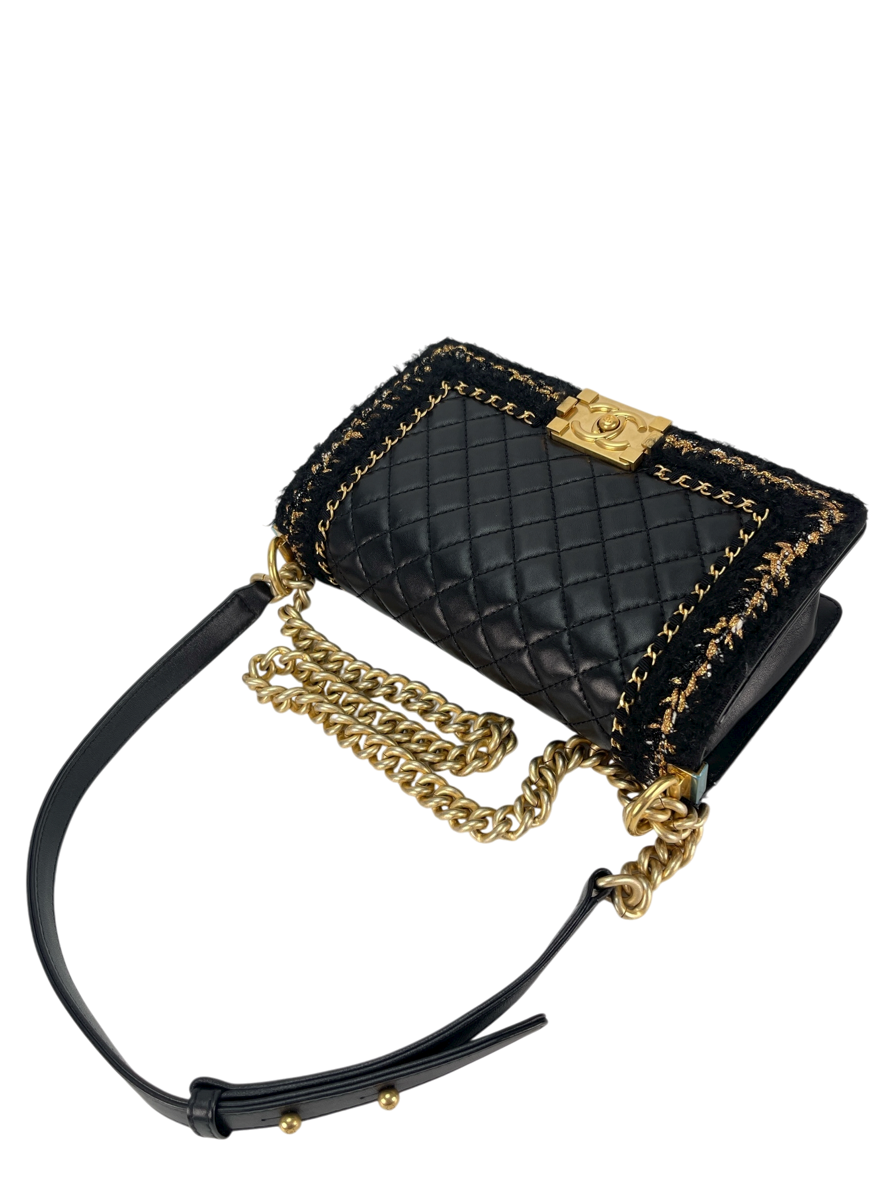 CHANEL - Boy Flap Bag Tweed Lambskin Black Gold Hardware