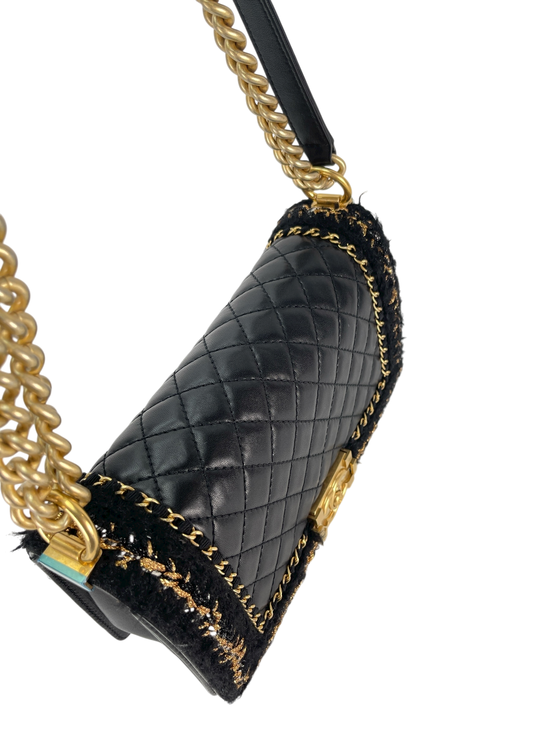 CHANEL - Boy Flap Bag Tweed Lambskin Black Gold Hardware