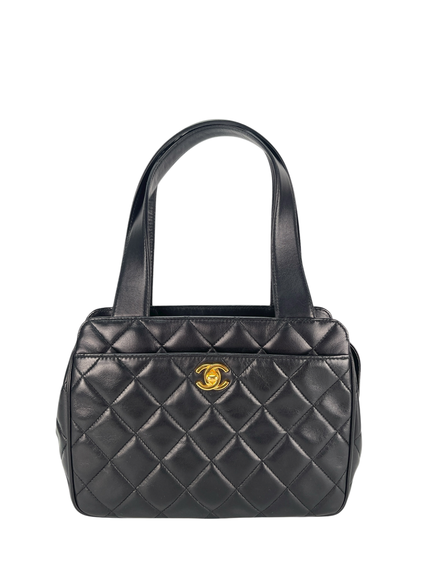 CHANEL - Classic Quilted Lambskin Tote Bag Black Gold Hardware