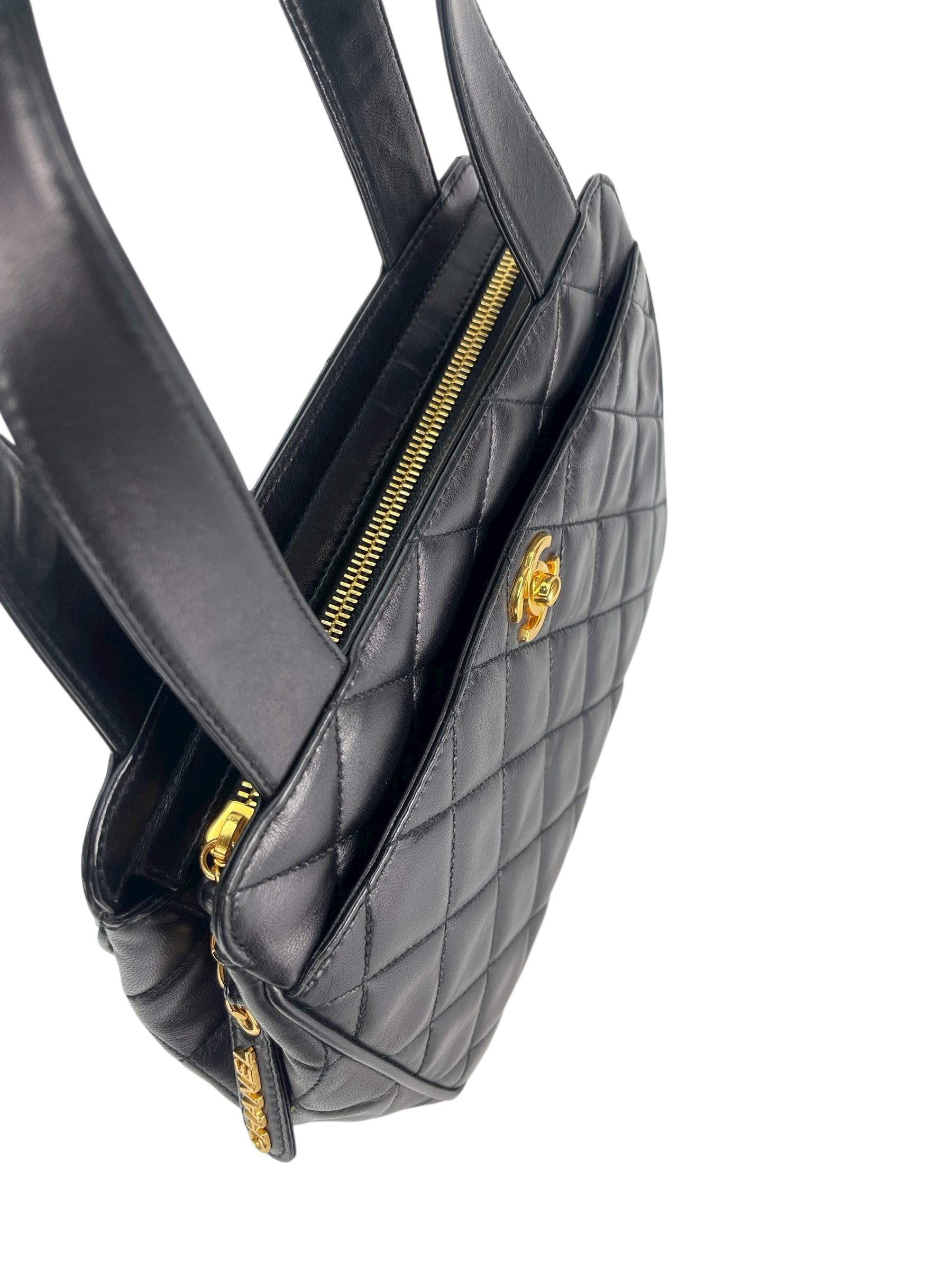 CHANEL - Classic Quilted Lambskin Tote Bag Black Gold Hardware
