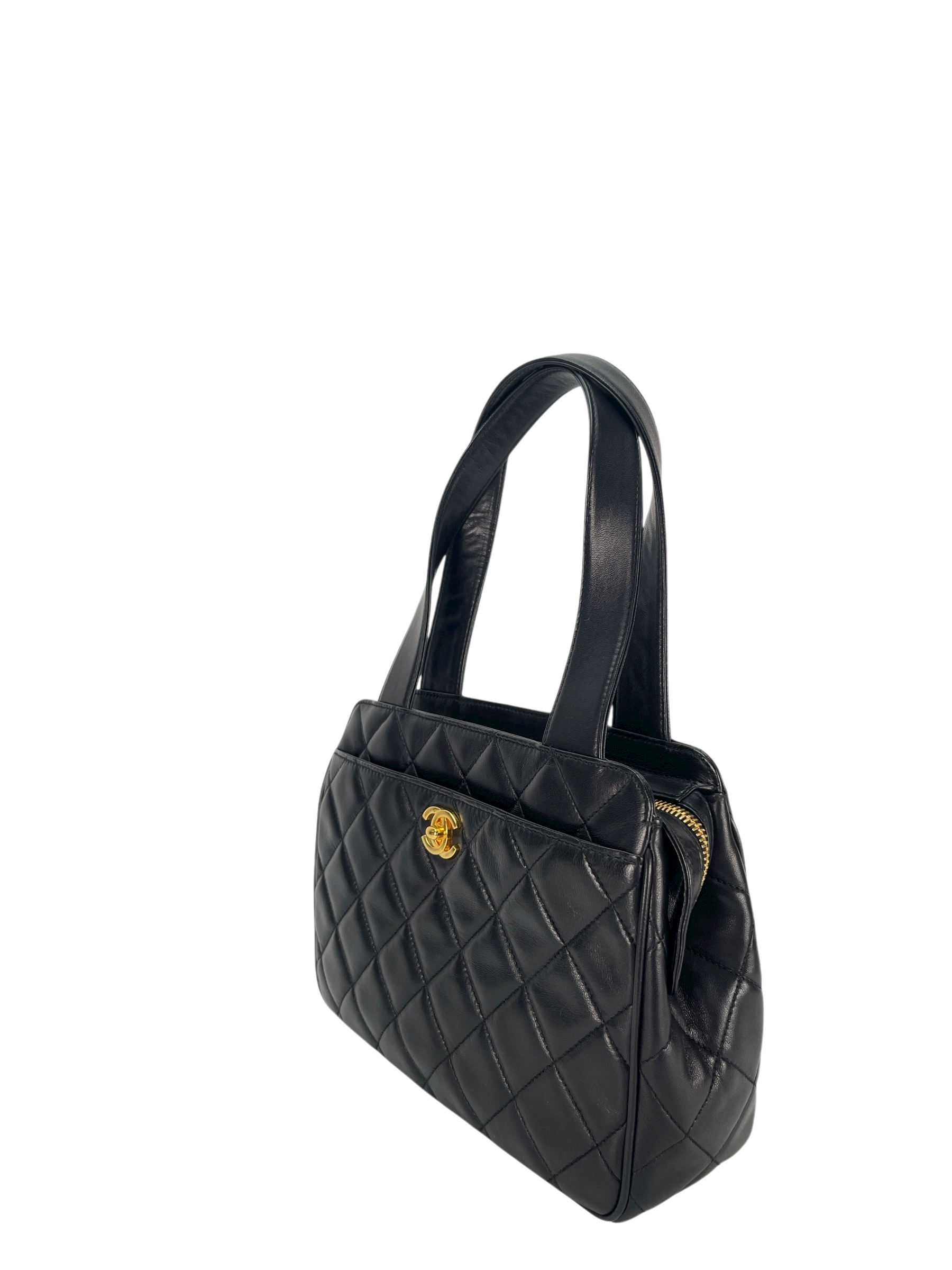 CHANEL - Classic Quilted Lambskin Tote Bag Black Gold Hardware