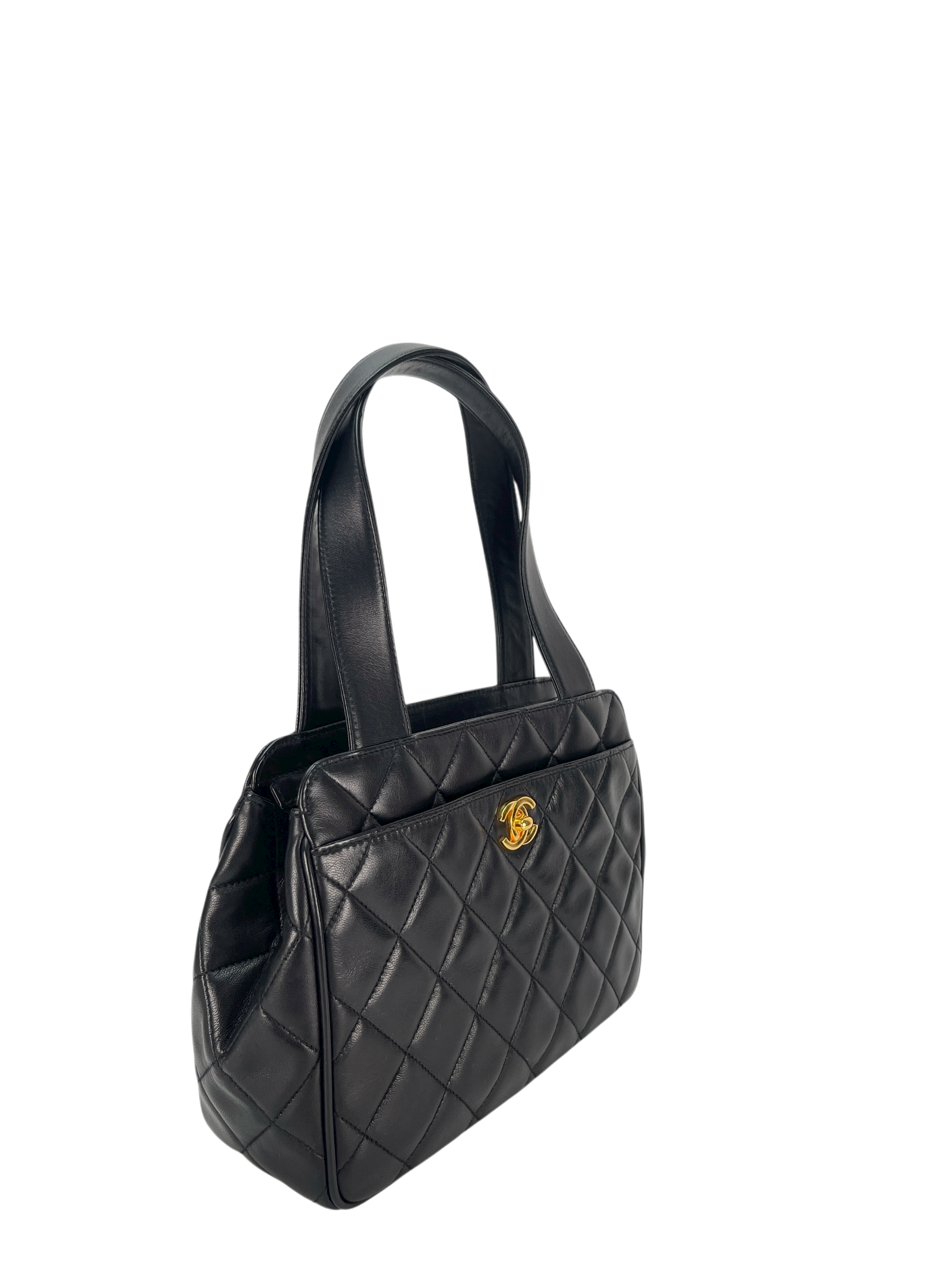 CHANEL - Classic Quilted Lambskin Tote Bag Black Gold Hardware