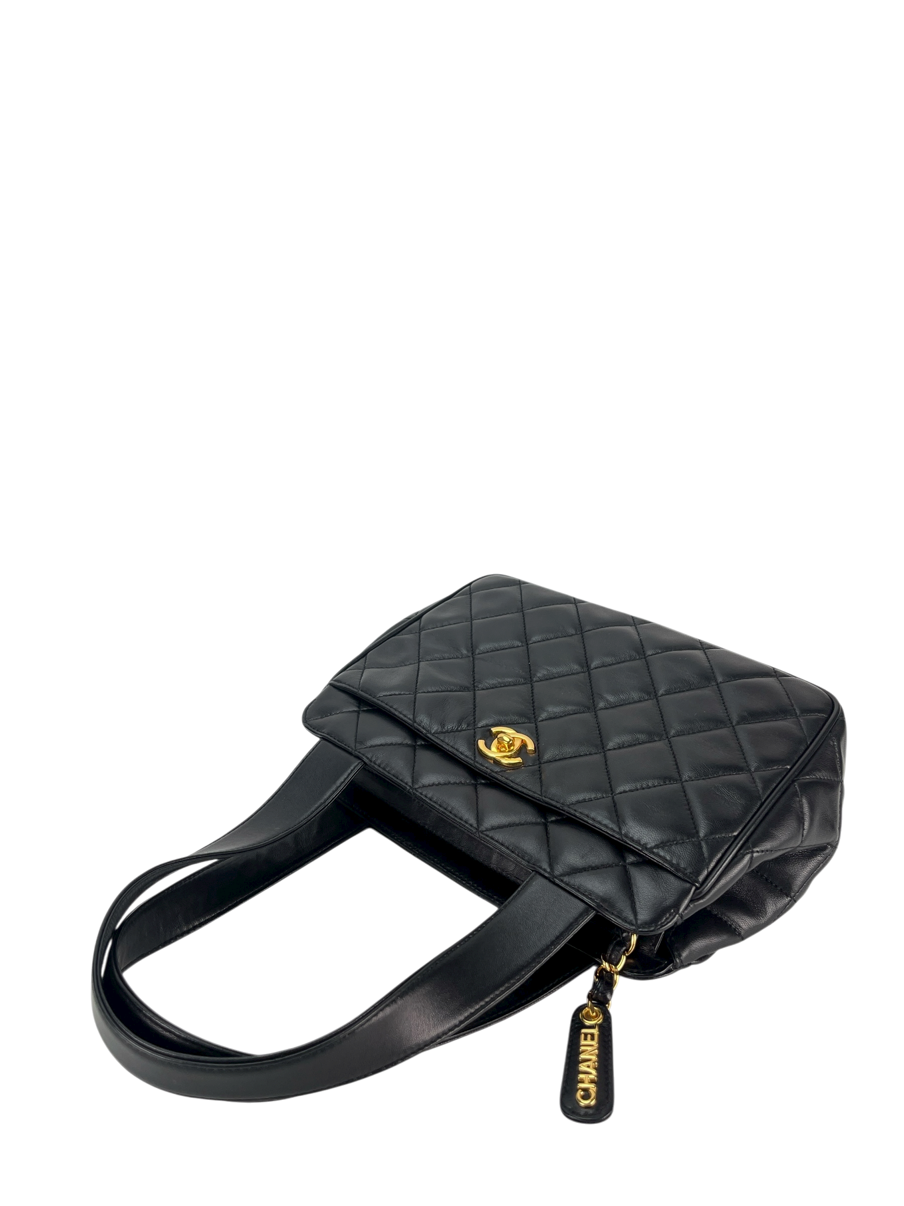 CHANEL - Classic Quilted Lambskin Tote Bag Black Gold Hardware