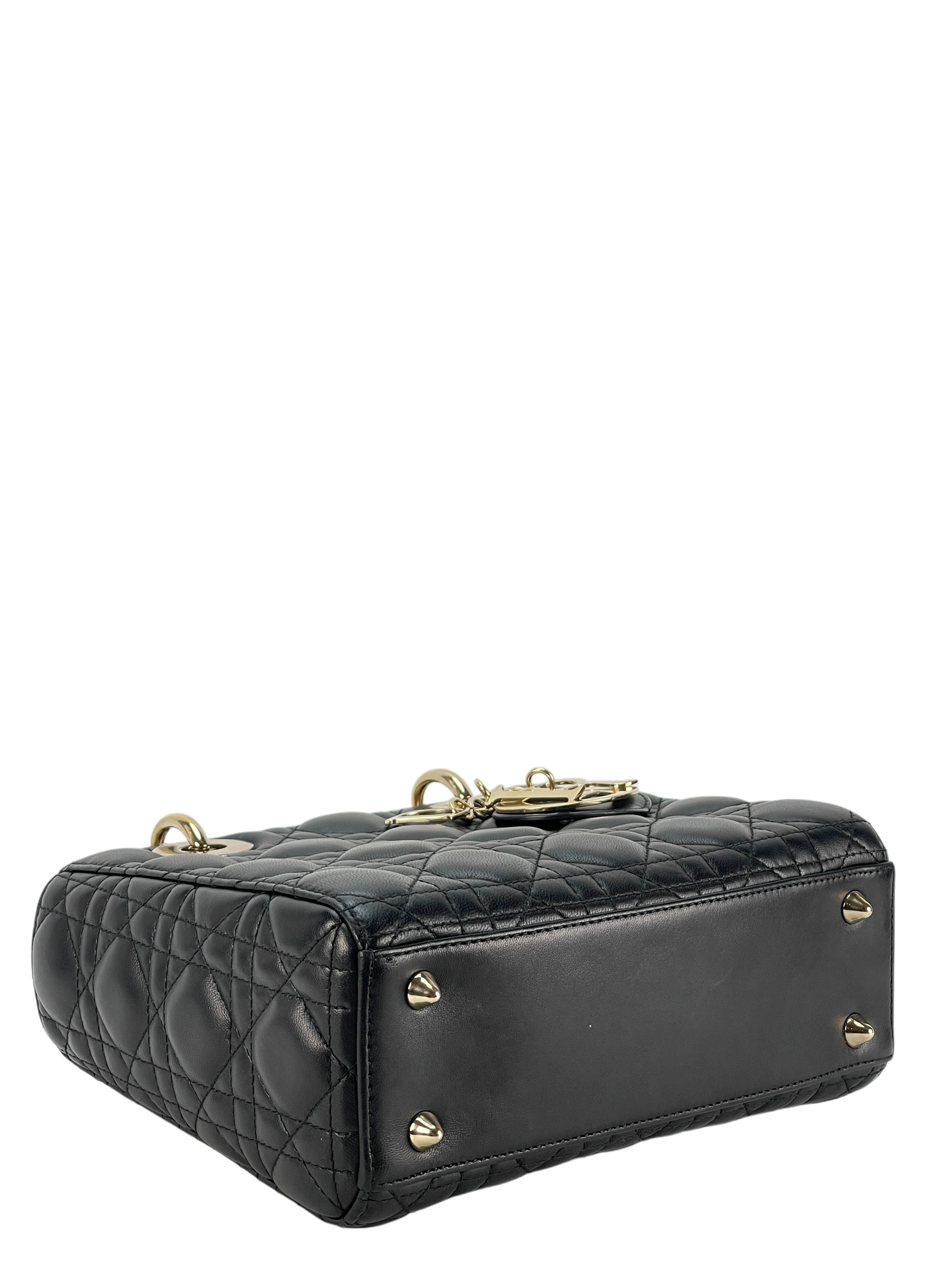 CHRISTIAN DIOR - Lady Dior Medium Lambskin Bag Black Gold Hardware