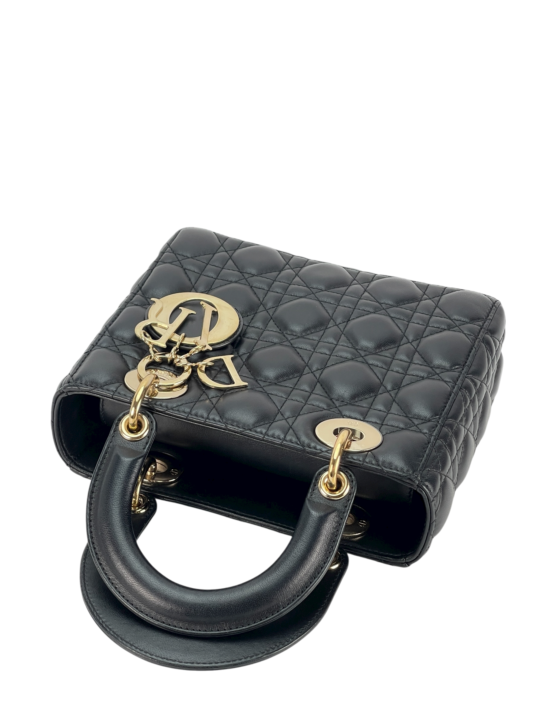 CHRISTIAN DIOR - Lady Dior Medium Lambskin Bag Black Gold Hardware