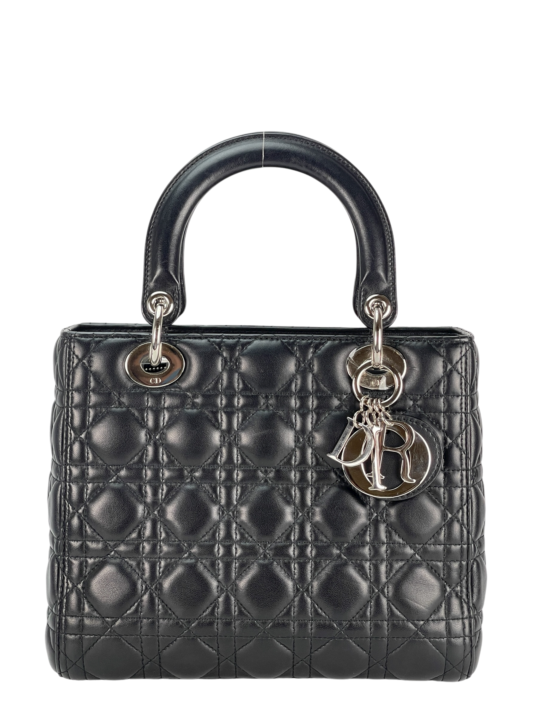 CHRISTIAN DIOR - Black lambskin Lady Dior 2way Handbag Sliver Hardware