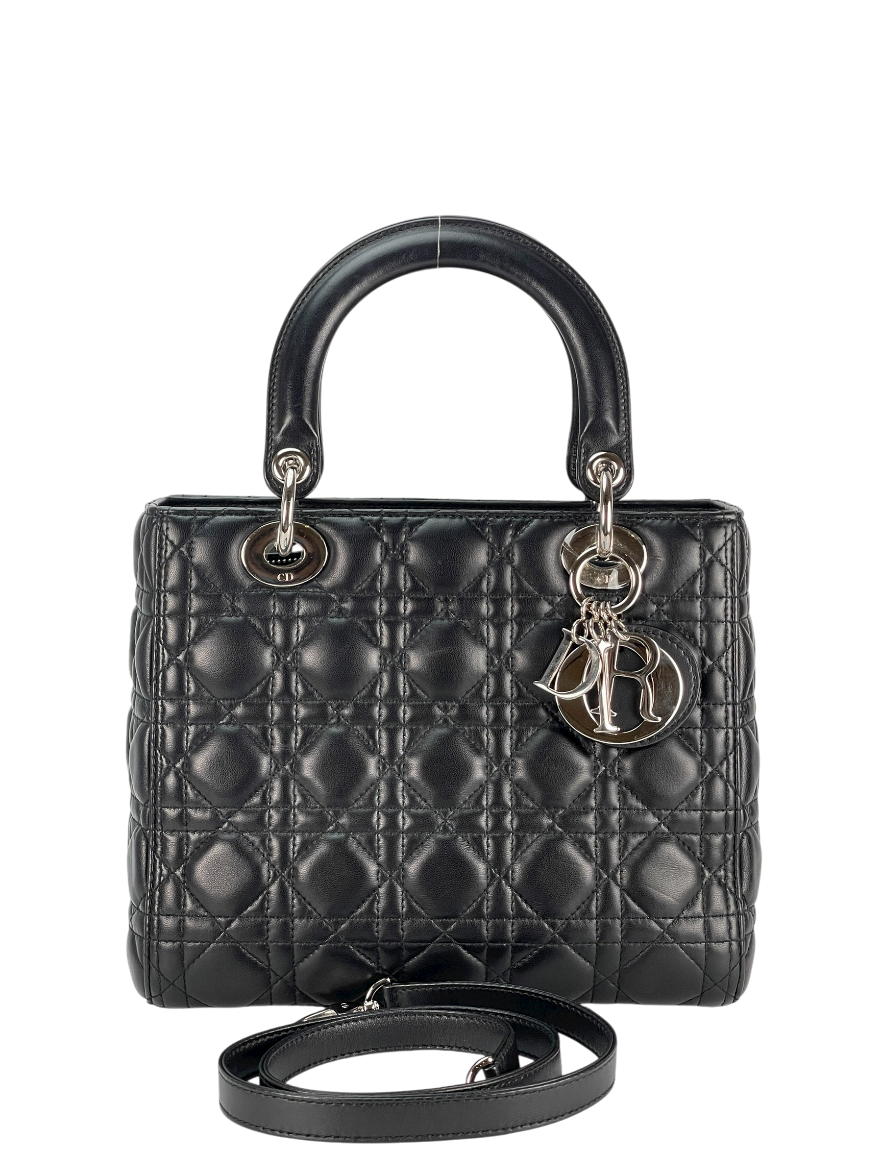 CHRISTIAN DIOR - Black lambskin Lady Dior 2way Handbag Sliver Hardware