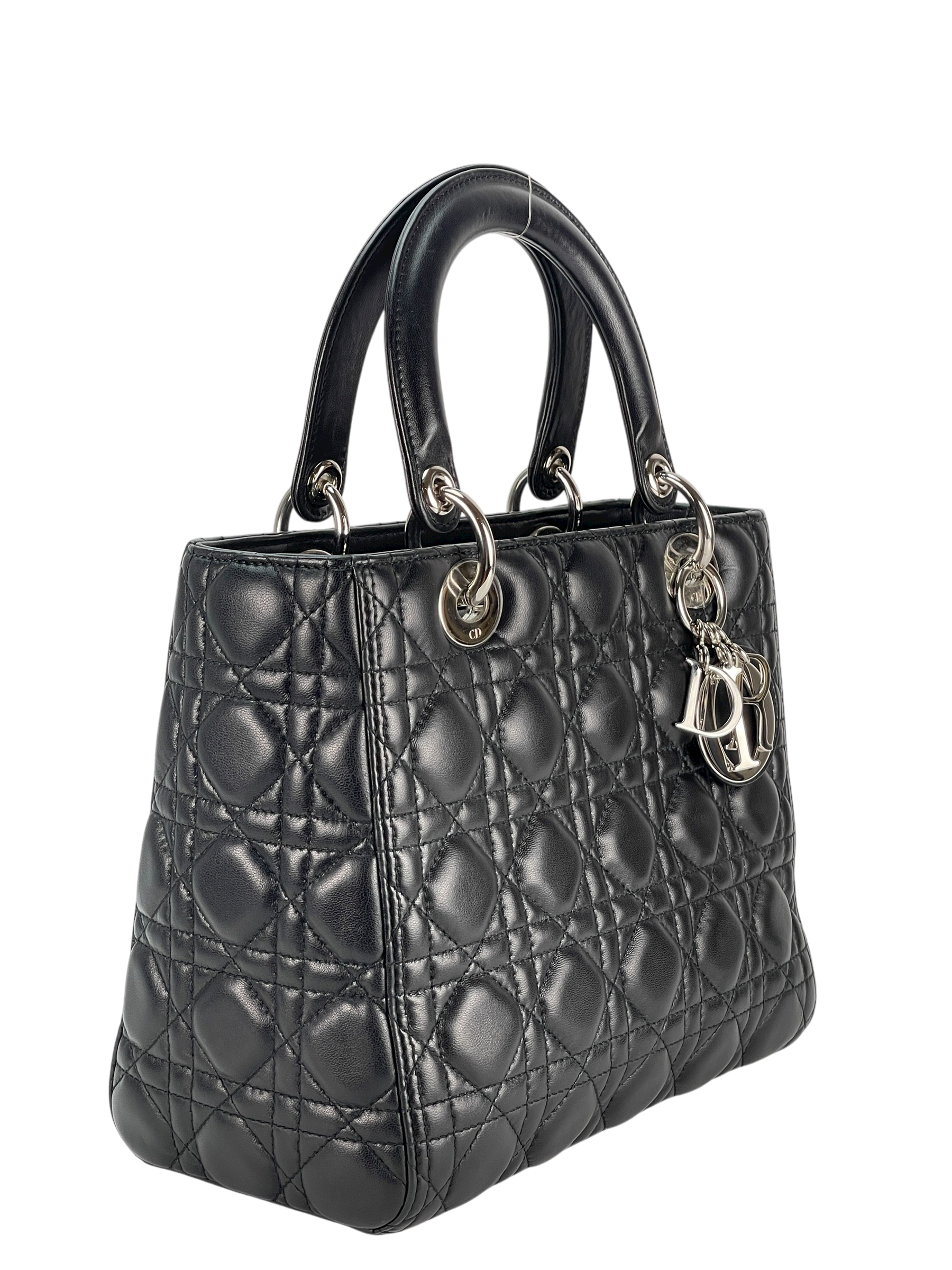 CHRISTIAN DIOR - Black lambskin Lady Dior 2way Handbag Sliver Hardware